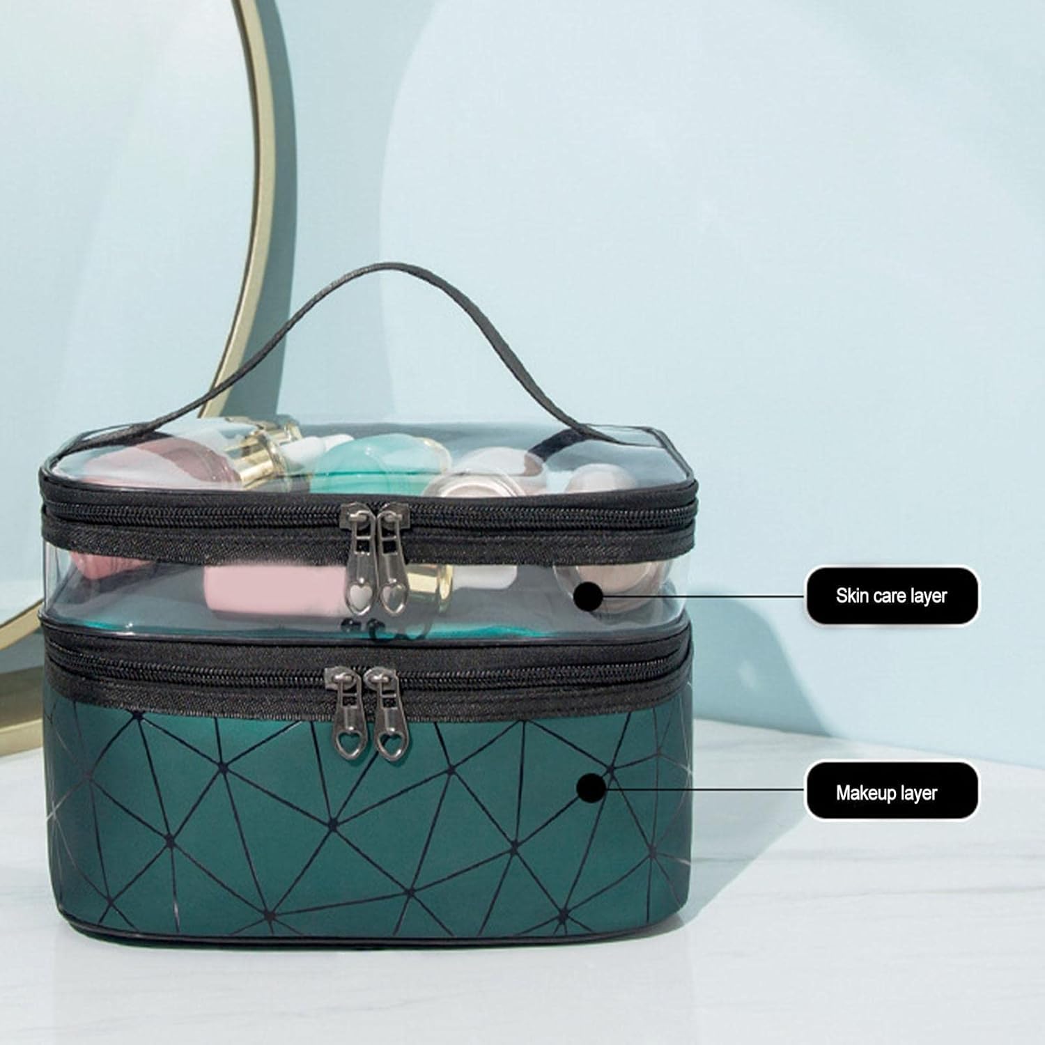 Eopzo Double Layer Waterproof Makeup Bag Organizer for Women - Travel Cosmetic Pouch & Toiletry Case - Perfect for Gym, Vacation, and Daily Use (Green)