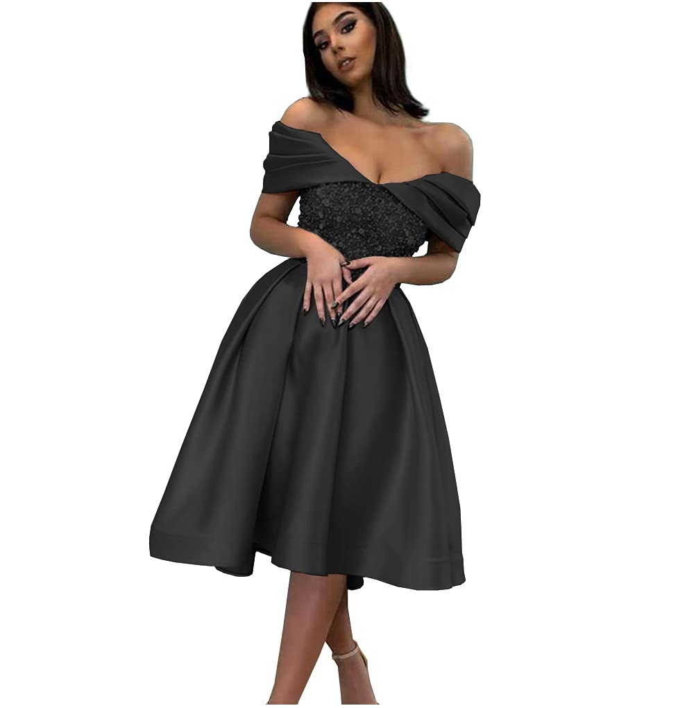 Lvxiuzi Women's Off Shoulder Beaded Sequins Party Dress - Short Satin Prom Gown for Homecoming, Evening Events & Special Occasions