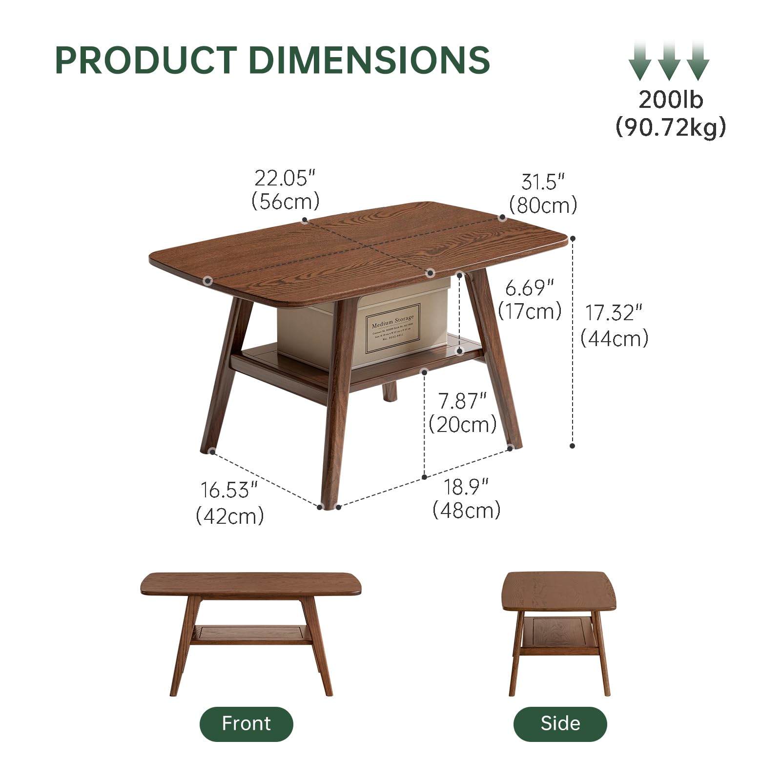 Solid Oak Wood Coffee Table - Mid Century Modern Design with Shelf Storage, Rounded Corners (31.5