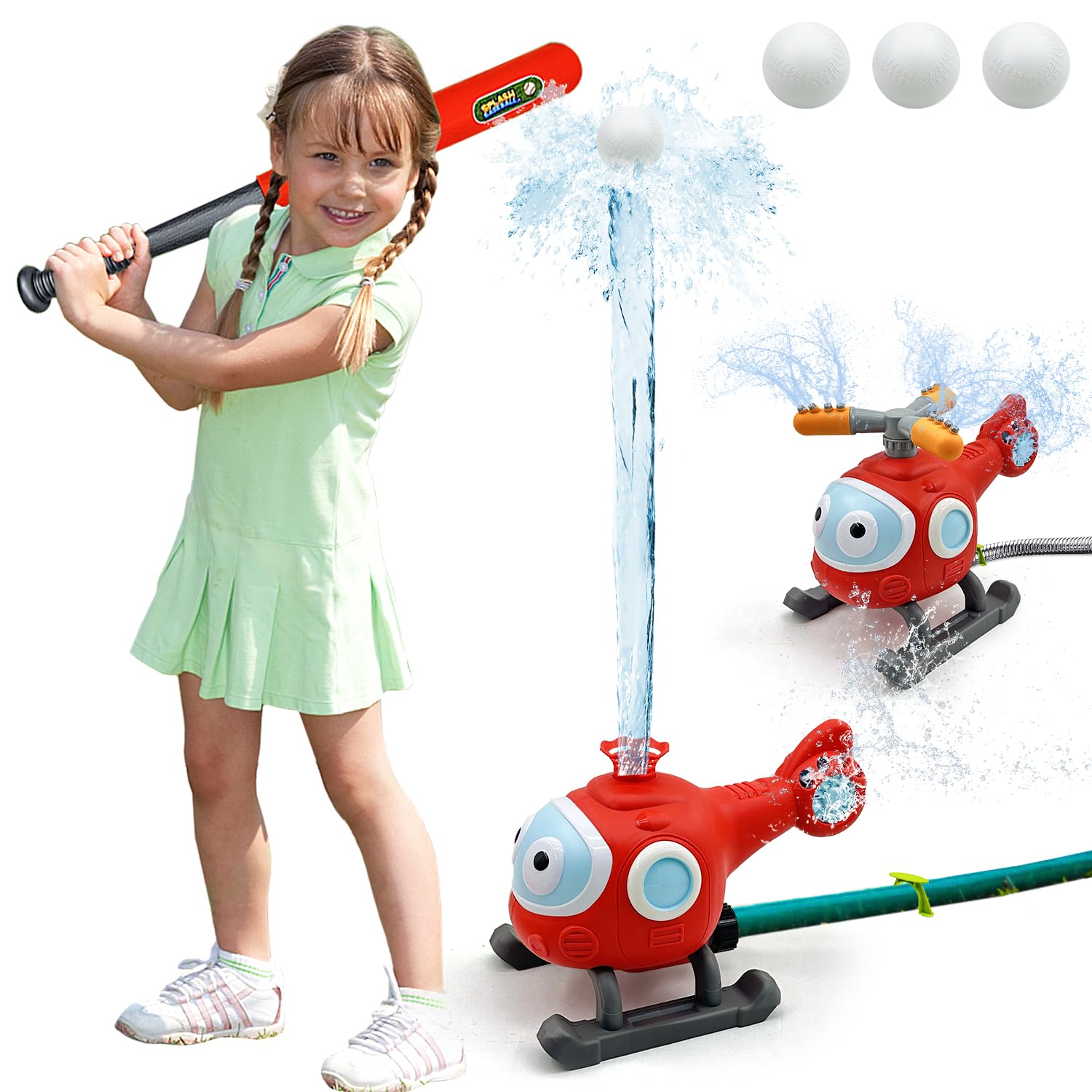 2 in 1 Water Sprinkler & T-Ball Set for Kids - Outdoor Backyard Baseball Game Toy with Helicopter Spray Sprinkler - Connects to Garden Hose - Perfect for Summer Pool Parties, Backyard Fun & Toddler Outdoor Activities