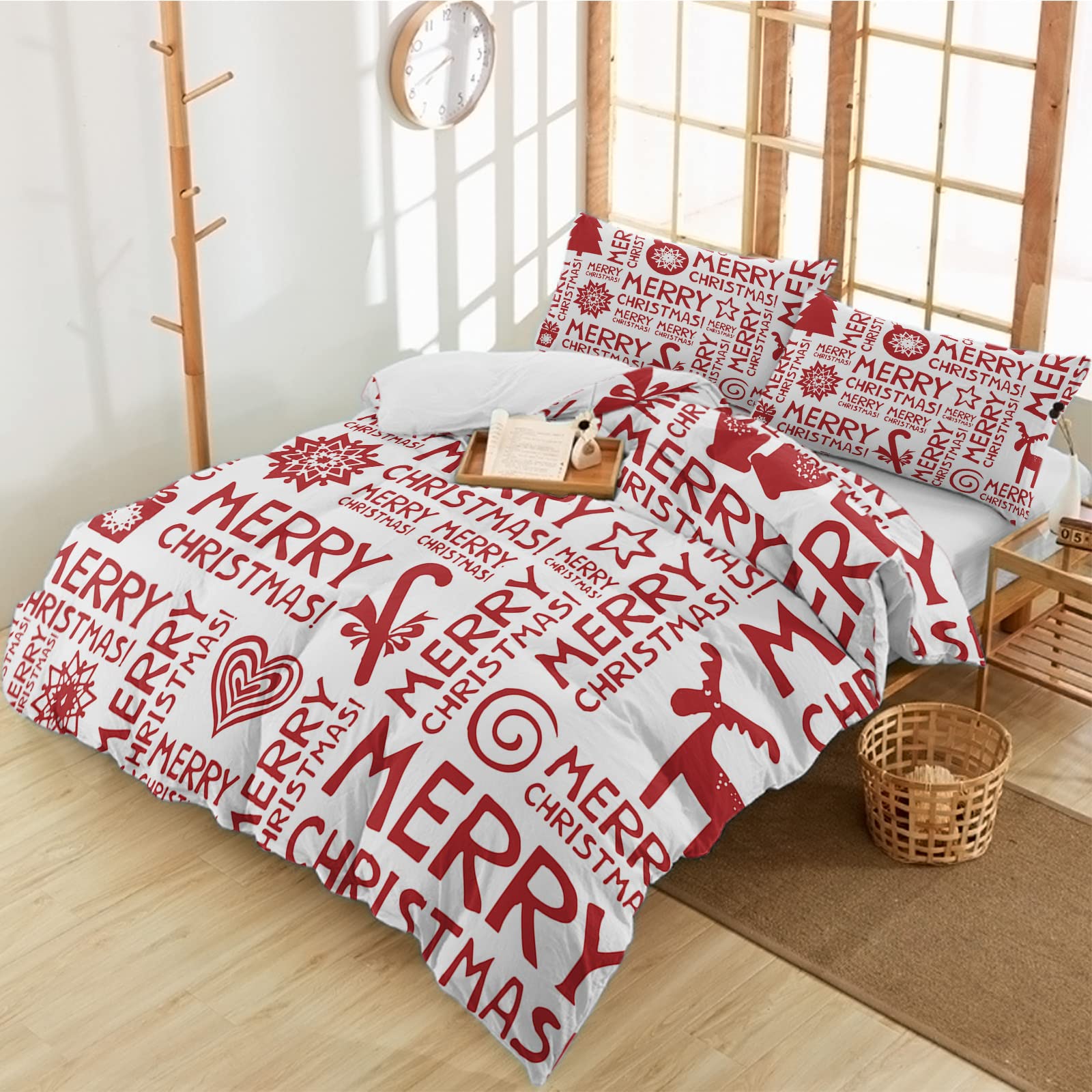 ZFUNCING 3-Piece Duvet Cover Set Cal King Size - Christmas Pine Tree & Elk Silhouette Design, Luxury Soft Microfiber Bedding in Red & White (Includes Comforter Cover & Pillowcases) - Perfect for Holiday Bedroom Decor & Cozy Winter Nights