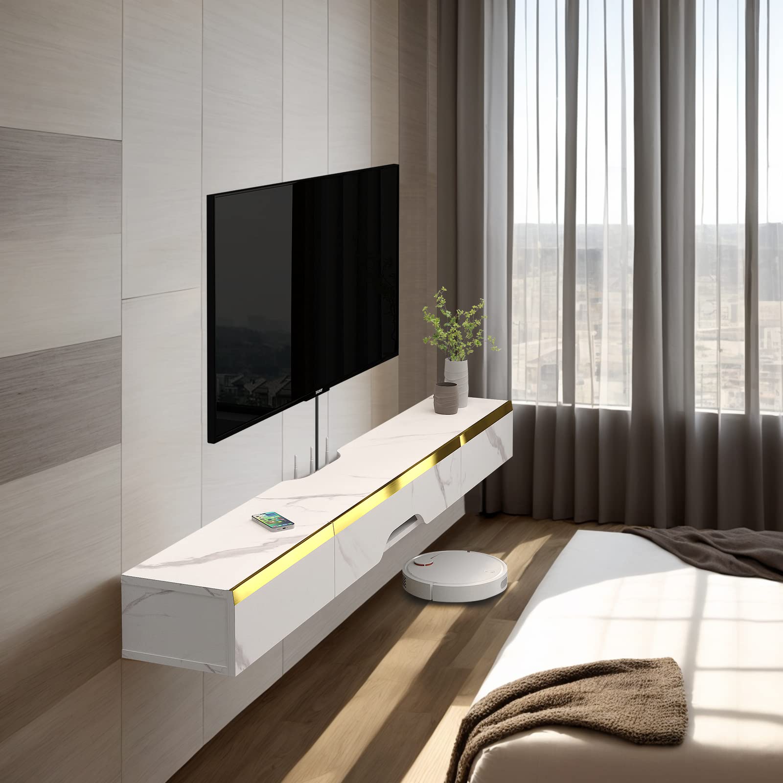 Pmnianhua Floating TV Stand with Drawers - White Wood Wall Mounted TV Console for Bedroom & Living Room - 2 Drawers & 1 Door Storage - Perfect for Small Spaces & Modern Home Decor