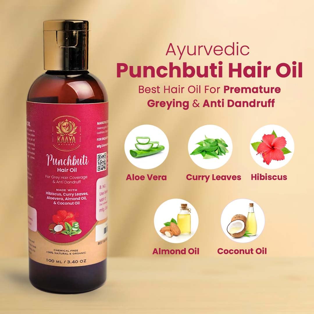 Kaaya Natural Panchbuti Hair Oil for Grey Hair, Hair Fall & Anti-Dandruff Treatment | 100% Organic & Natural Unisex Hair Growth Oil | 100ml Bottle | Promotes Healthy Scalp & Shiny Hair for Men & Women