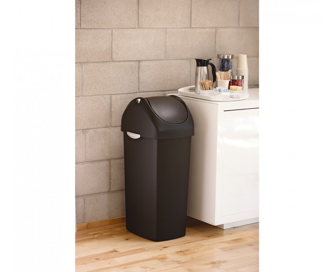 simplehuman 60 Liter / 16 Gallon Swing Lid Trash Can - Black Plastic Waste Bin for Kitchen, Bathroom & Office | Durable & Odor-Controlling