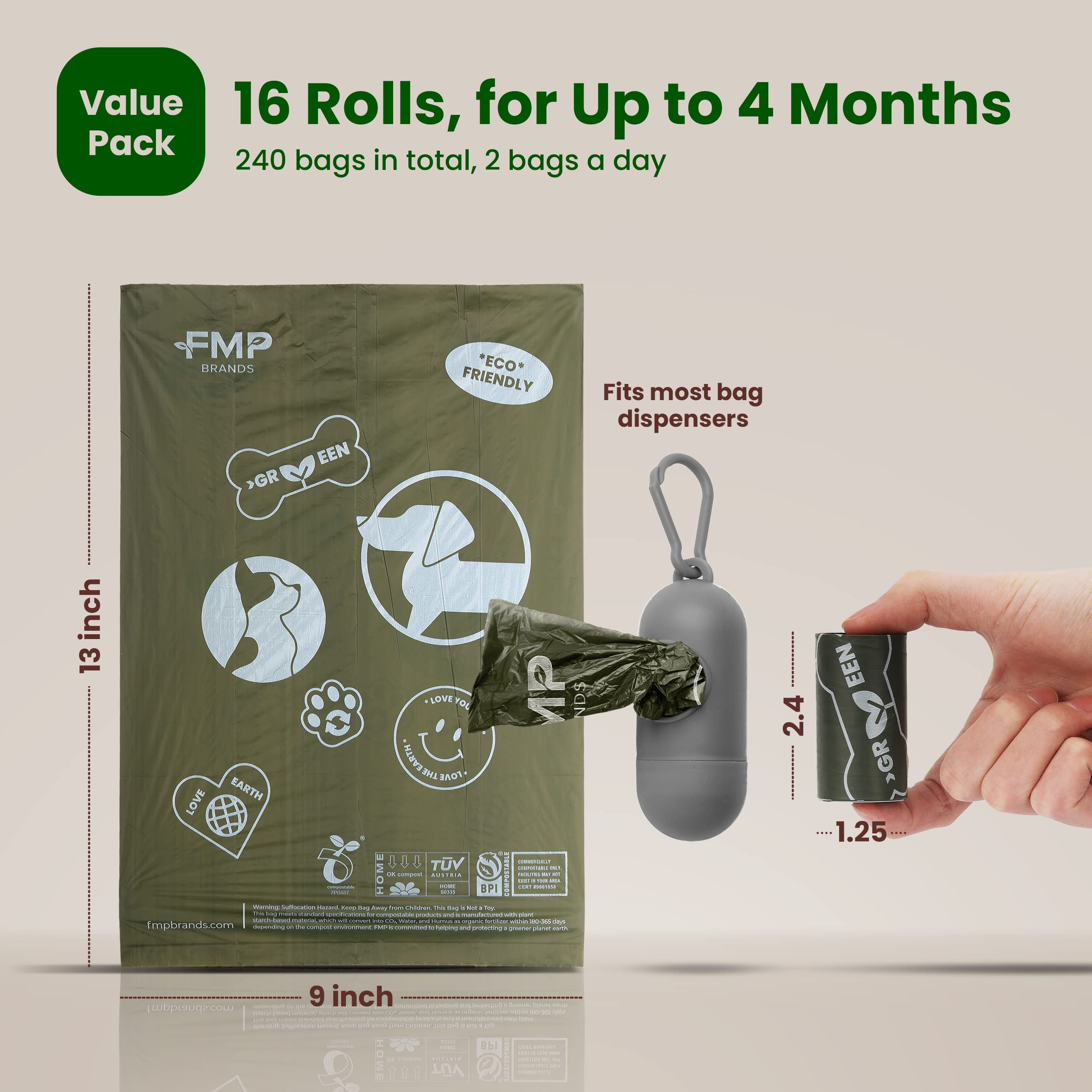 FMP Brands 240 Count 100% Compostable Dog Poop Bags - Leak-Proof Thickened Waste Bags for Large & Small Dogs | 100% Plant-Based, BPI & OK Compost Certified (16 Refill Rolls) | Perfect for Park Walks, Backyard Cleanup & Travel Use