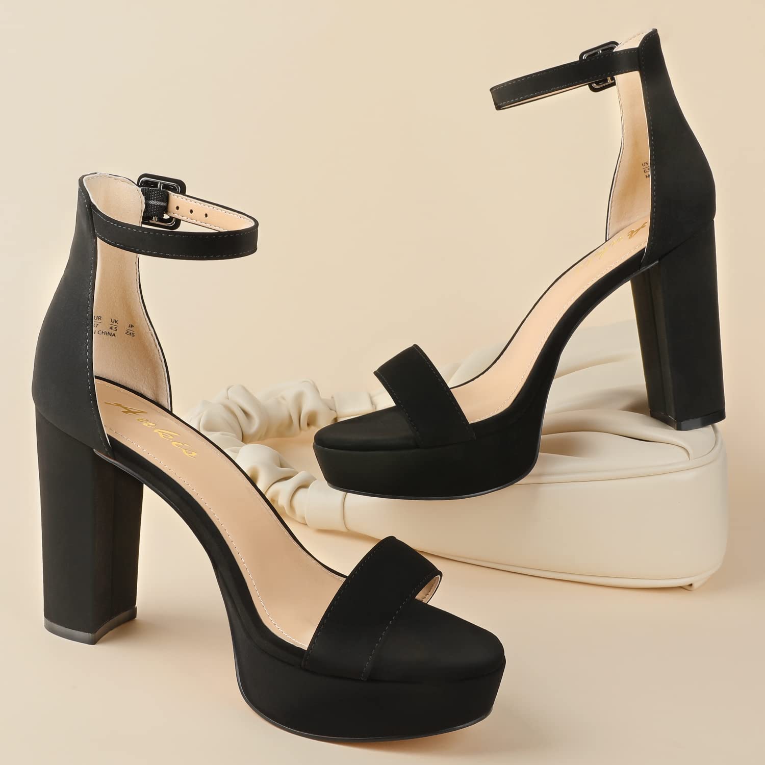 Ankis Women's 4 Inch Chunky Heel Sandals - Comfortable Open Toe Block Heels with Ankle Strap in Black/Nude/White/Silver/Gold | Summer Platform Dress Shoes for Weddings, Parties & Night Out
