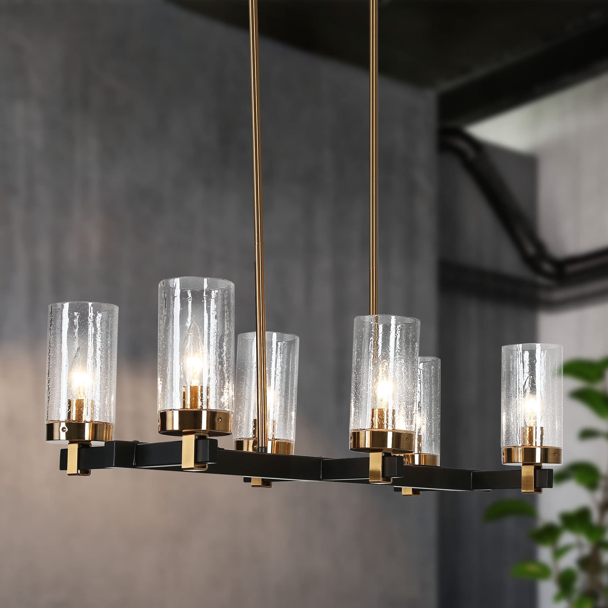 ZEVNI 6-Light Black Gold Modern Chandelier with Seeded Glass Shade - 27