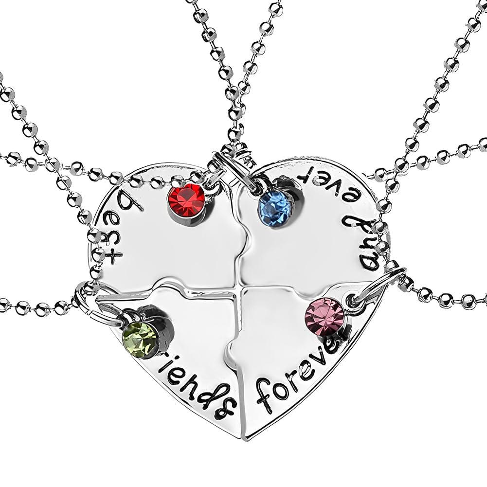 Best Friends Forever Matching Necklaces Set of 4 - Heart BFF Necklaces for Women & Teen Girls - Perfect Sister & Friendship Gifts for Christmas, Birthday - Ideal for Bestie Trios, Bridesmaids & Group Gifting