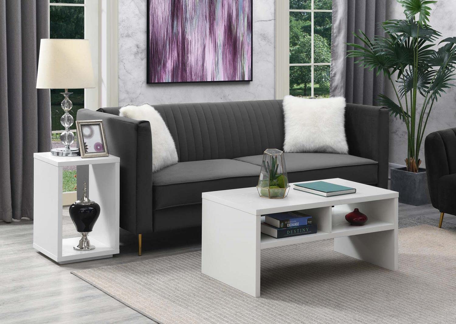 Convenience Concepts Northfield Admiral Deluxe White Coffee Table with Storage Shelves - Modern Living Room Furniture for Home Decor & Entertainment Use