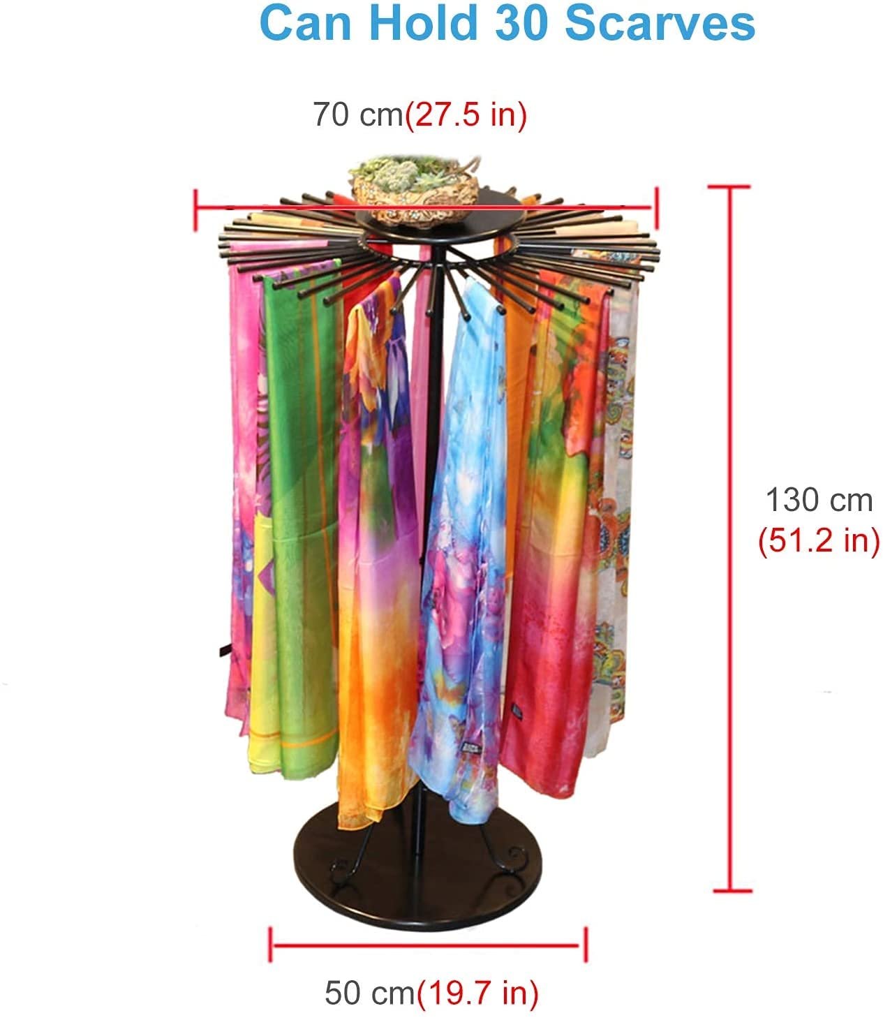 Rotatable 70cm Freestanding Round Scarf Organizer - Metal Display Stand for Shawls, Ties & Belts - Holds 30 Accessories - Black - Perfect for Boutique, Closet & Retail Store Organization