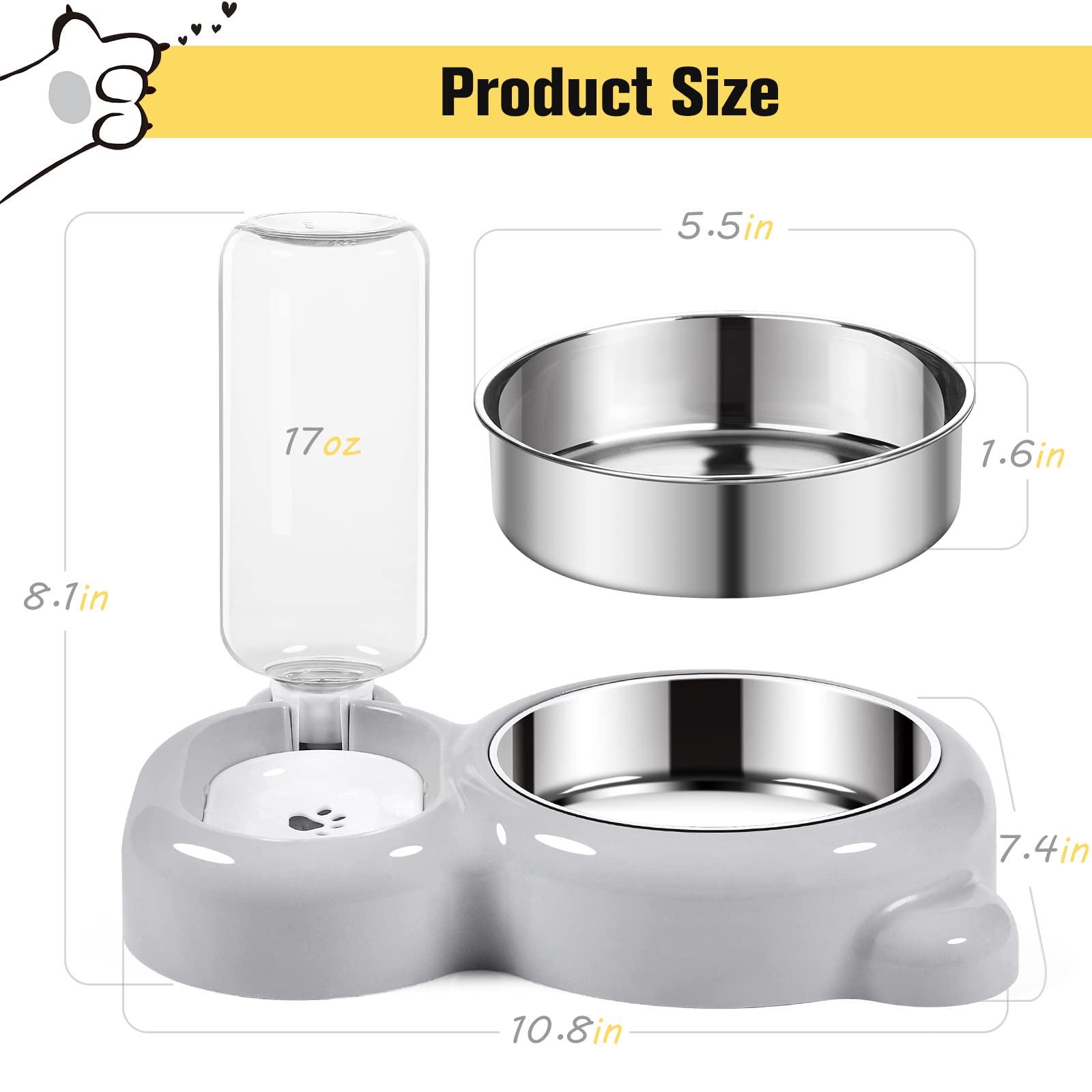 Premium Stainless Steel Cat and Small Dog Bowls Set with Water Dispenser - Non-Slip Pet Food & Water Dishes for Home, Travel, and Outdoor Use - Grey