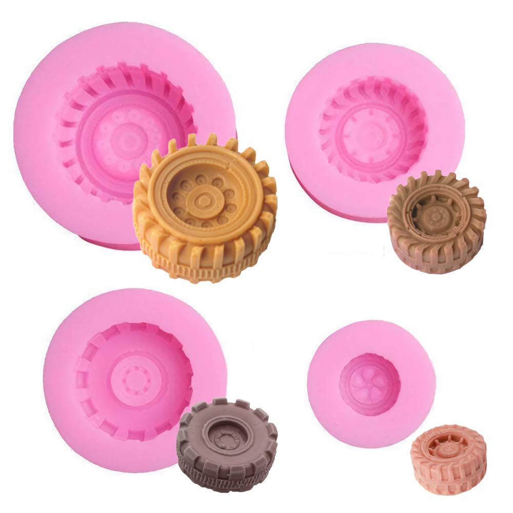 4-Piece 3D Round Tire Chocolate Candy Mold Set - Silicone Truck Wheel & Car Tyre Cake Fondant Molds for Baking, Sugarcraft, Resin, Polymer Clay & Soap Making - Perfect for Birthday Cakes, Cupcake Toppers & DIY Crafts