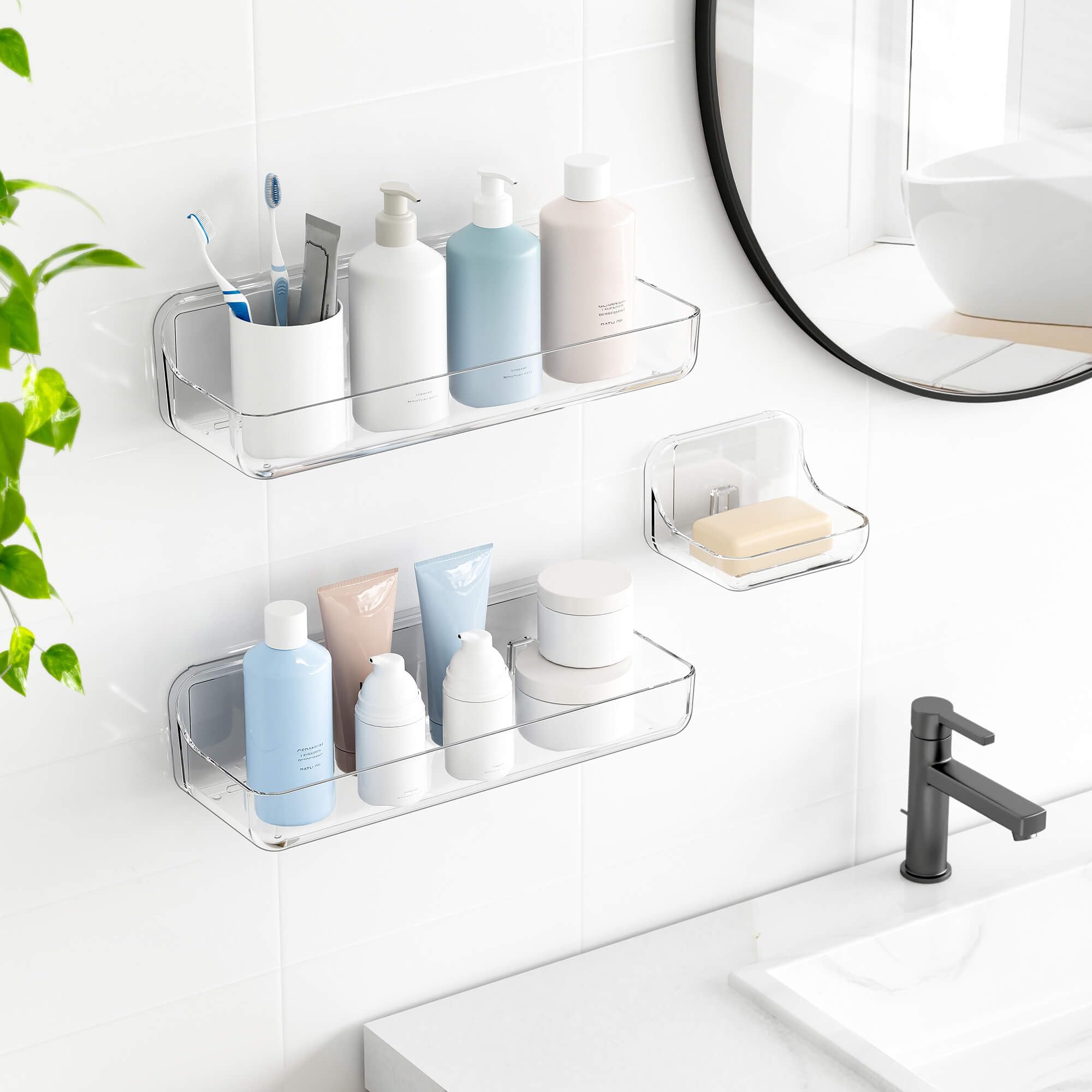 TZAMLI Adhesive Shower Caddy with Soap Dish - 3 Pack Clear Plastic Wall Mounted Bathroom Organizer Shelf for Shampoo, Conditioner & Soap Storage - Perfect for Small Bathrooms, Apartments & Dorm Showers
