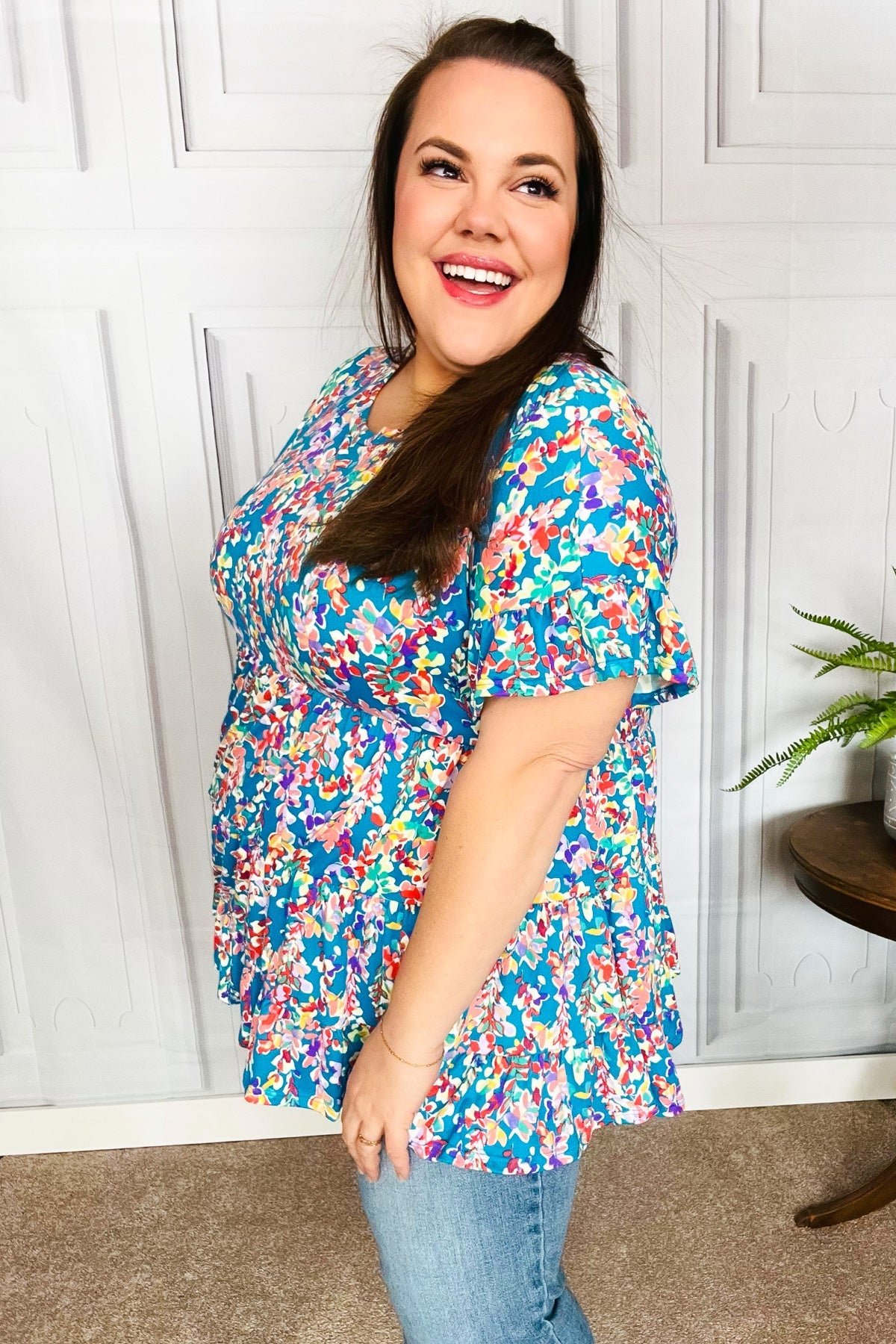 Blue Floral Ruffle Hem Tiered Top Women's Blouse - Elegant Summer Tops for Casual Outings & Date Nights