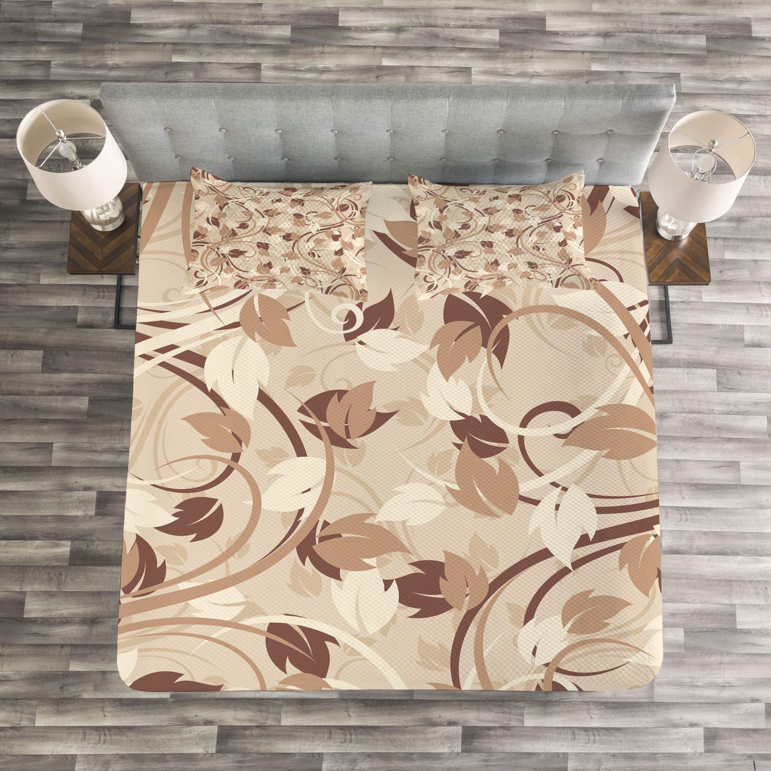 Ambesonne Ivory King Size 3-Piece Bedspread Set with 2 Pillow Shams - Autumn Leaves Pattern in Faded Earthen Tones, Cream Umber Cocoa Fall Themed Bedding | Perfect for Seasonal Home Decor, Cozy Bedroom Upgrade, and Romantic Atmosphere