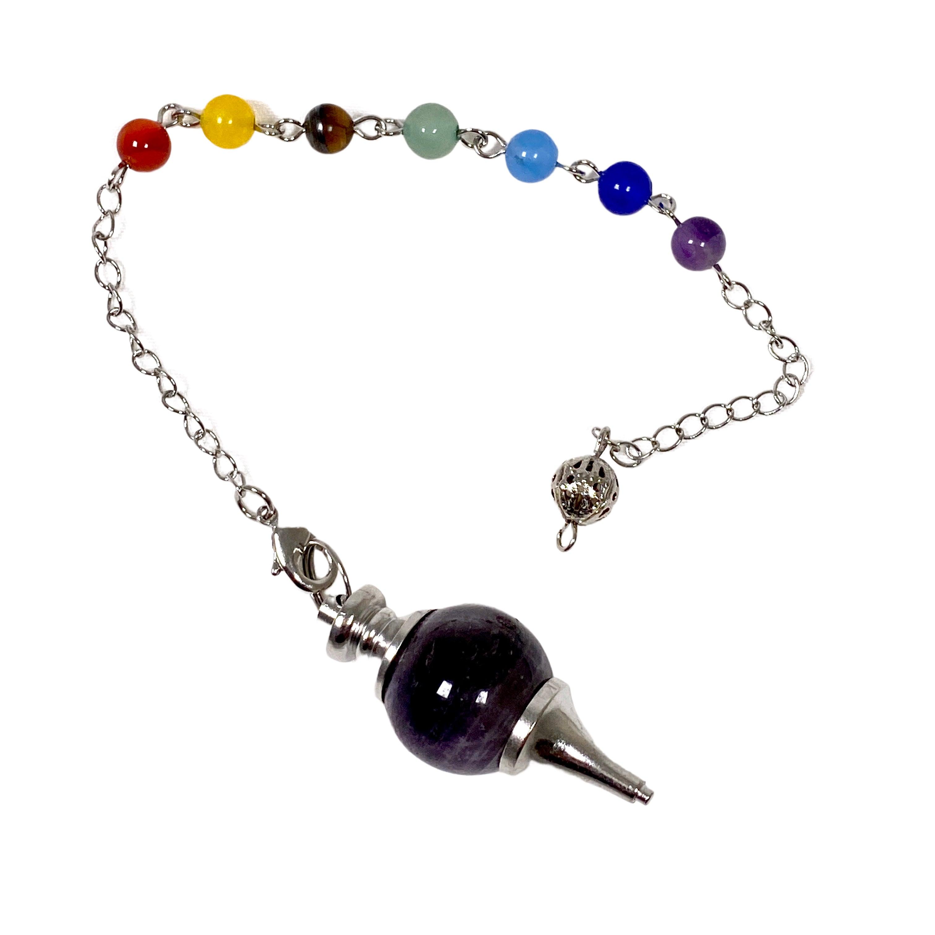 Natural Gemstone Pendulum with Chakra Beads - PD6 Round Crystal for Divination, Dowsing & Energy Healing | Perfect for Meditation, Spiritual Work & Chakra Balancing