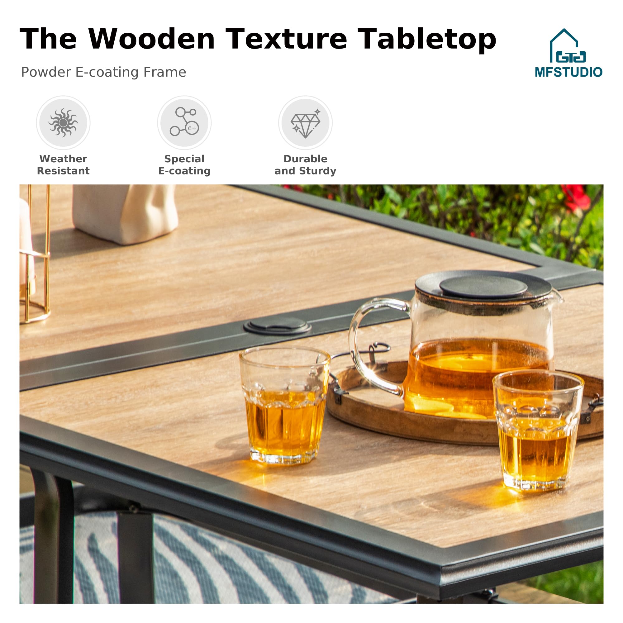 MFSTUDIO 6-Person Outdoor Patio Dining Table - Rectangular Metal Frame with Weather-Resistant Wood-Look Top - Perfect for Backyard, Deck, Garden & Poolside Dining with Umbrella Hole