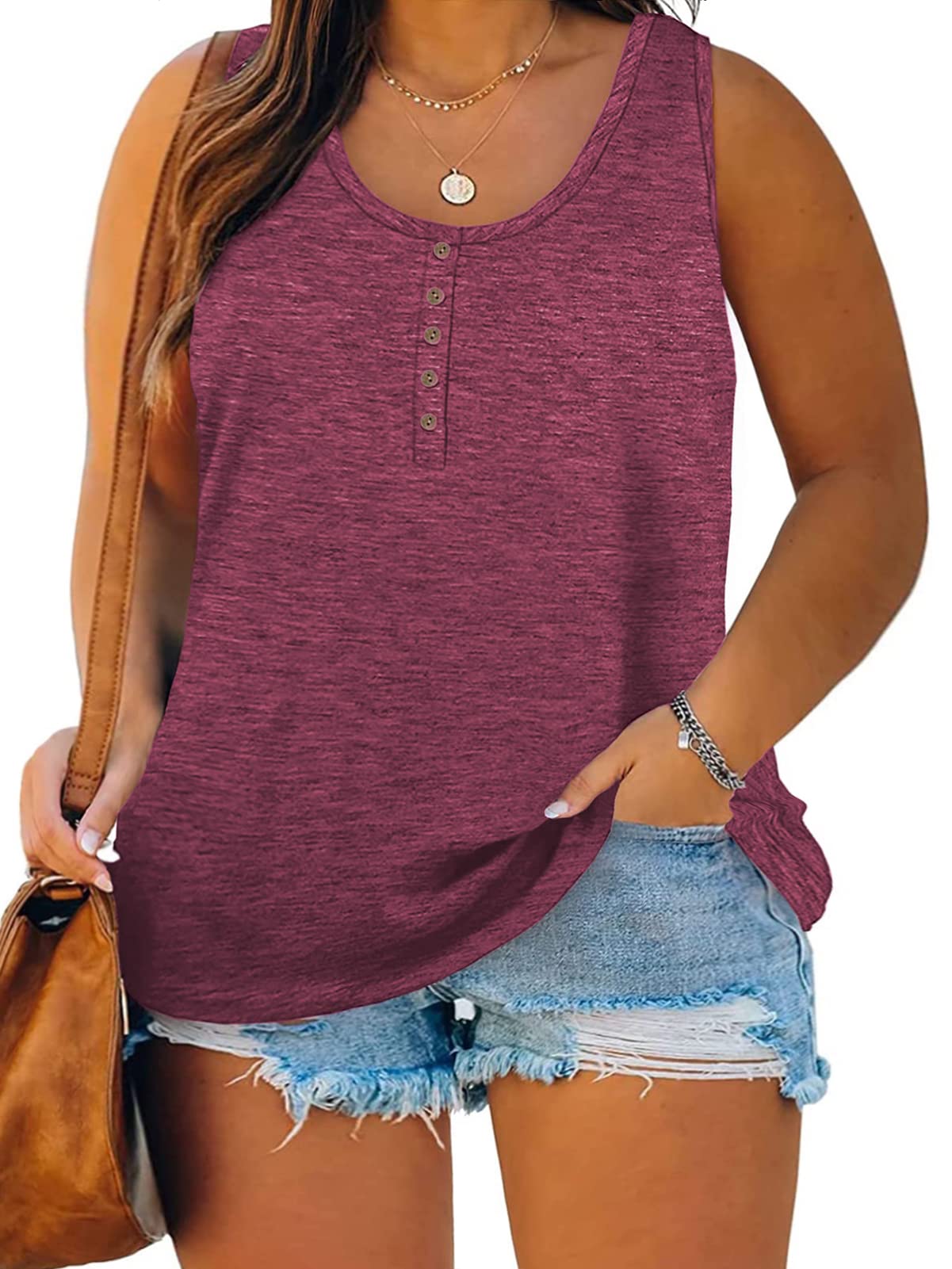 DOLNINE Women's Plus Size Tank Tops - Sleeveless Henley Shirts for Summer, Casual V-Neck Tee Shirt | Perfect for Beach, Yoga, Workout & Everyday Wear