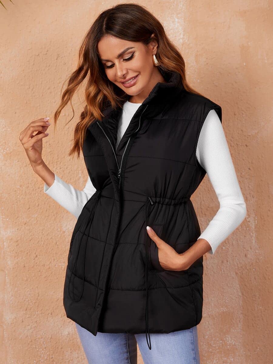 TINMIIR Women's Sleeveless Quilted Puffer Vest with Slant Pockets & Drawstring Waist - Black (Size L) | Winter Layering, Outdoor Activities, Casual Fashion