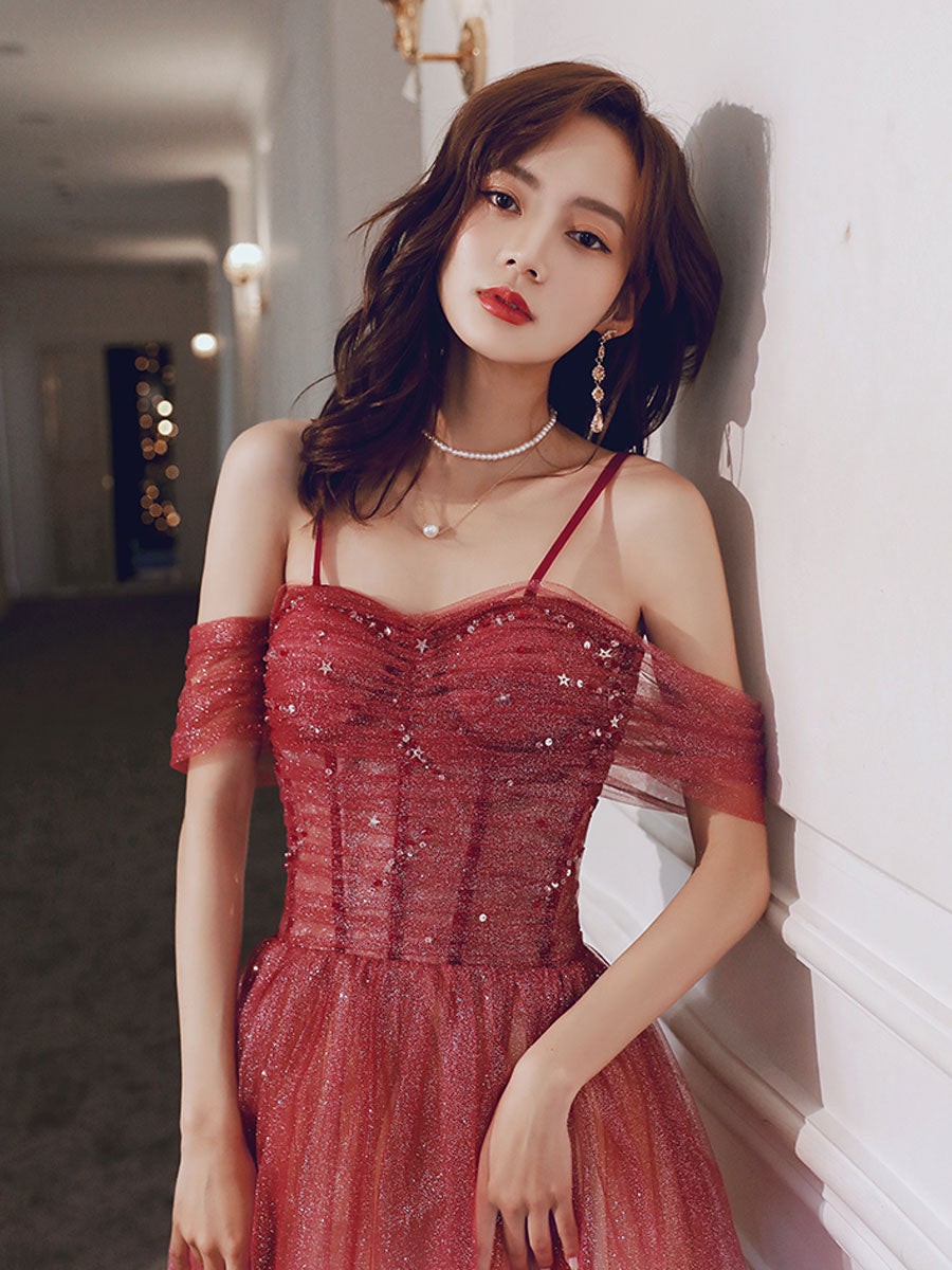 Elegant A-Line Sweetheart Neckline Burgundy Tulle Long Prom Dress - Off Shoulder Evening Gown for Formal Dances & Special Occasions