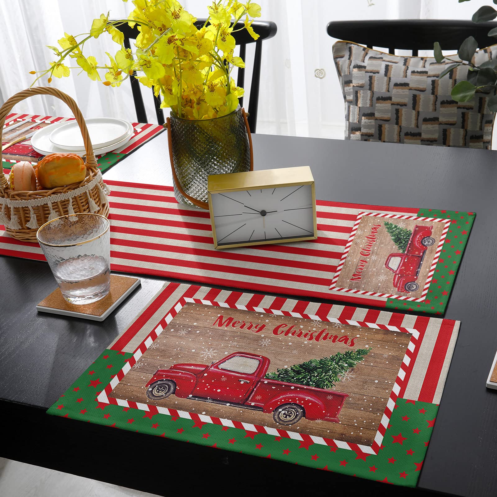 Savannan Burlap Christmas Placemats Set - 6pcs Rustic Holiday Table Mats & 1 Red Stripe Snowflake Table Runner for Farmhouse Decor, Xmas Party, Dining Table Setting, Winter Home Decoration