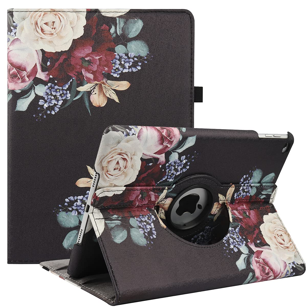 360° Rotating iPad Case for iPad 9.7 5th/6th Gen (2017/2018), iPad Air 2 & Air 1 - Multi-Angle Viewing Folio Stand with Auto Sleep/Wake Feature (Peony Flower Design) - Perfect for Work, Study & Entertainment