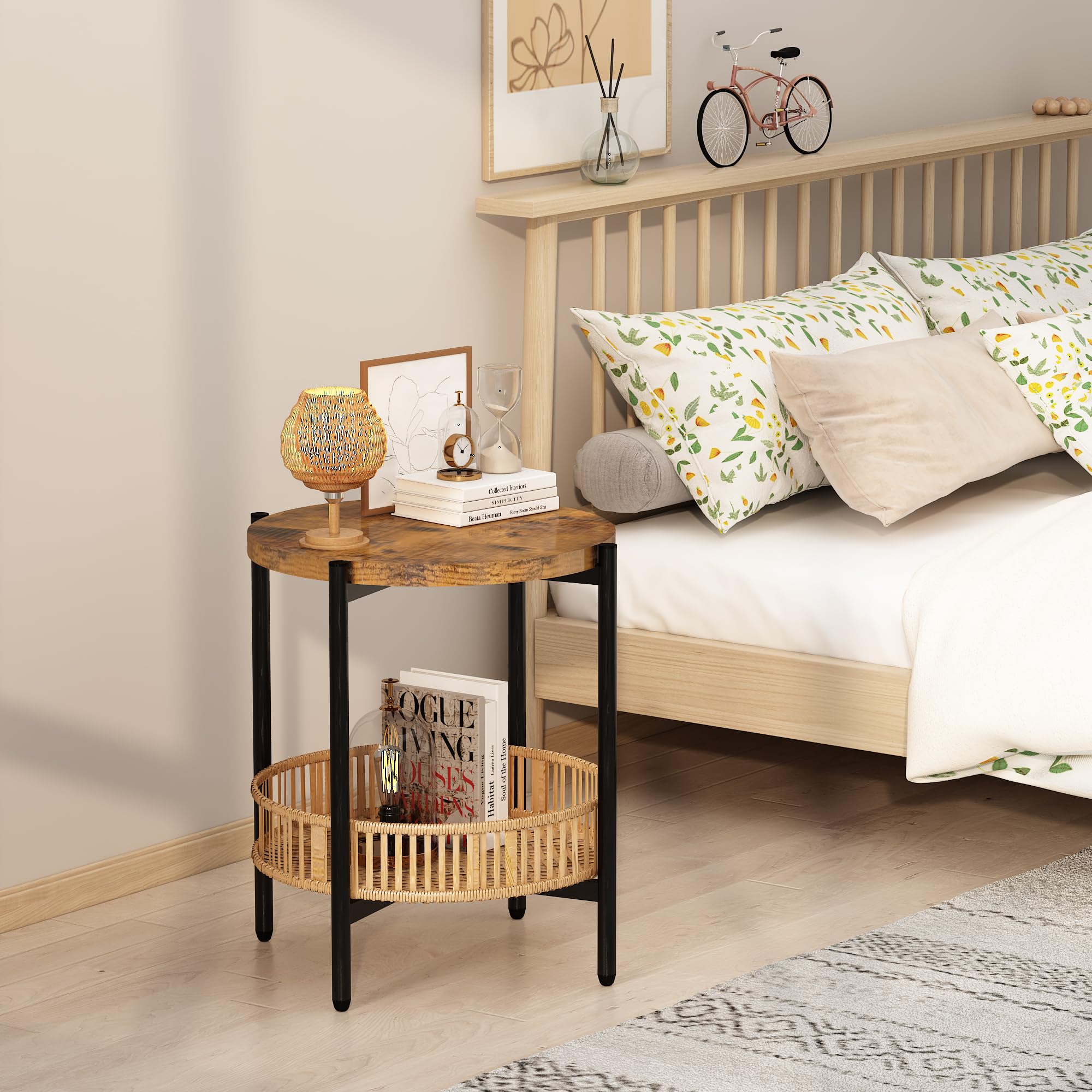 Lamerge 3-Piece Boho Coffee Table Set with Rattan Storage Shelf & Metal Frame - Round Coffee Table & 2 Side Tables for Living Room, Apartment, Home Office - Perfect for Small Spaces, Cozy Gatherings & Modern Decor