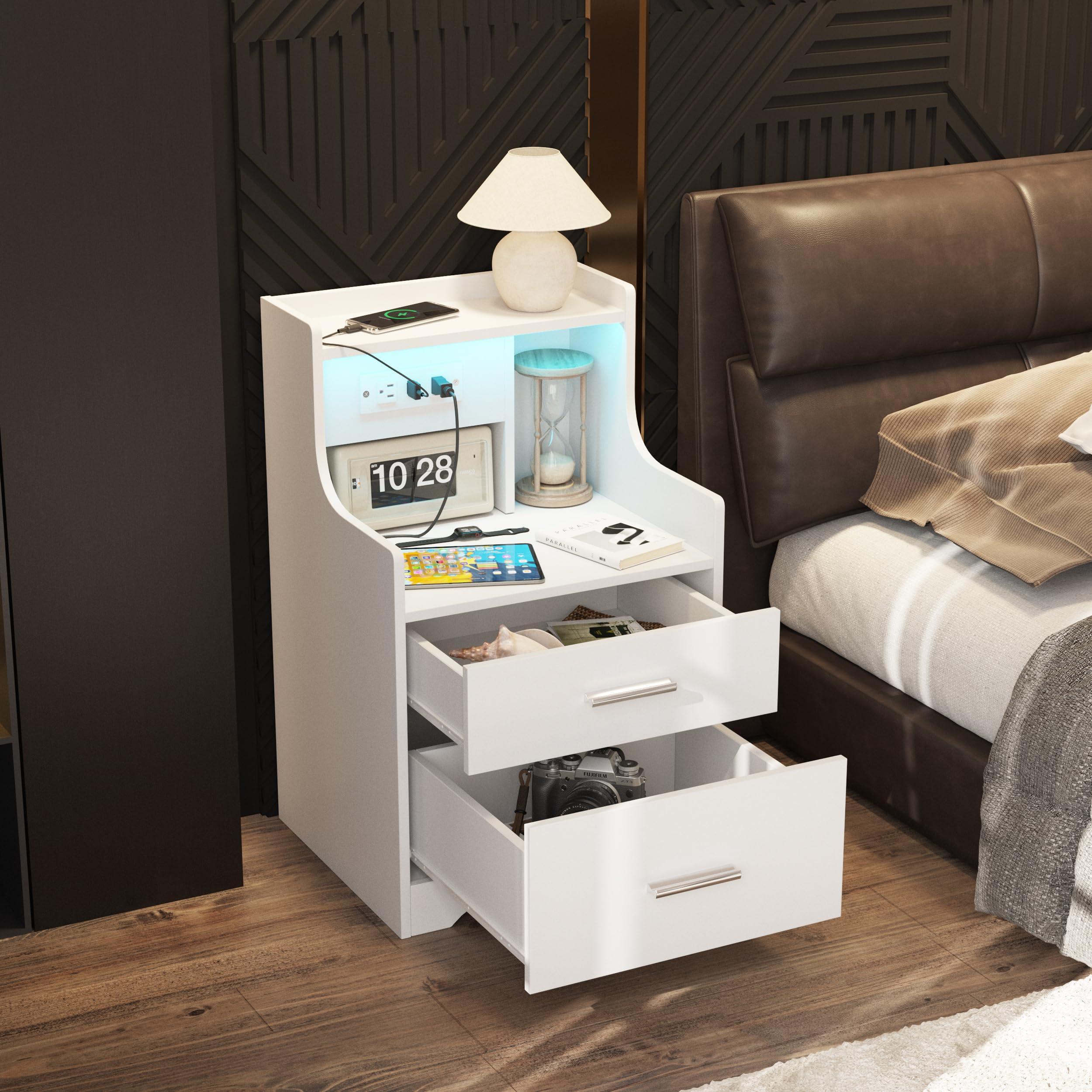 White Nightstand with Charging Station & LED Lights - 2 Drawers Bedside Table for Kids Bedroom & Living Room - Perfect for Toddlers' Bedside Storage