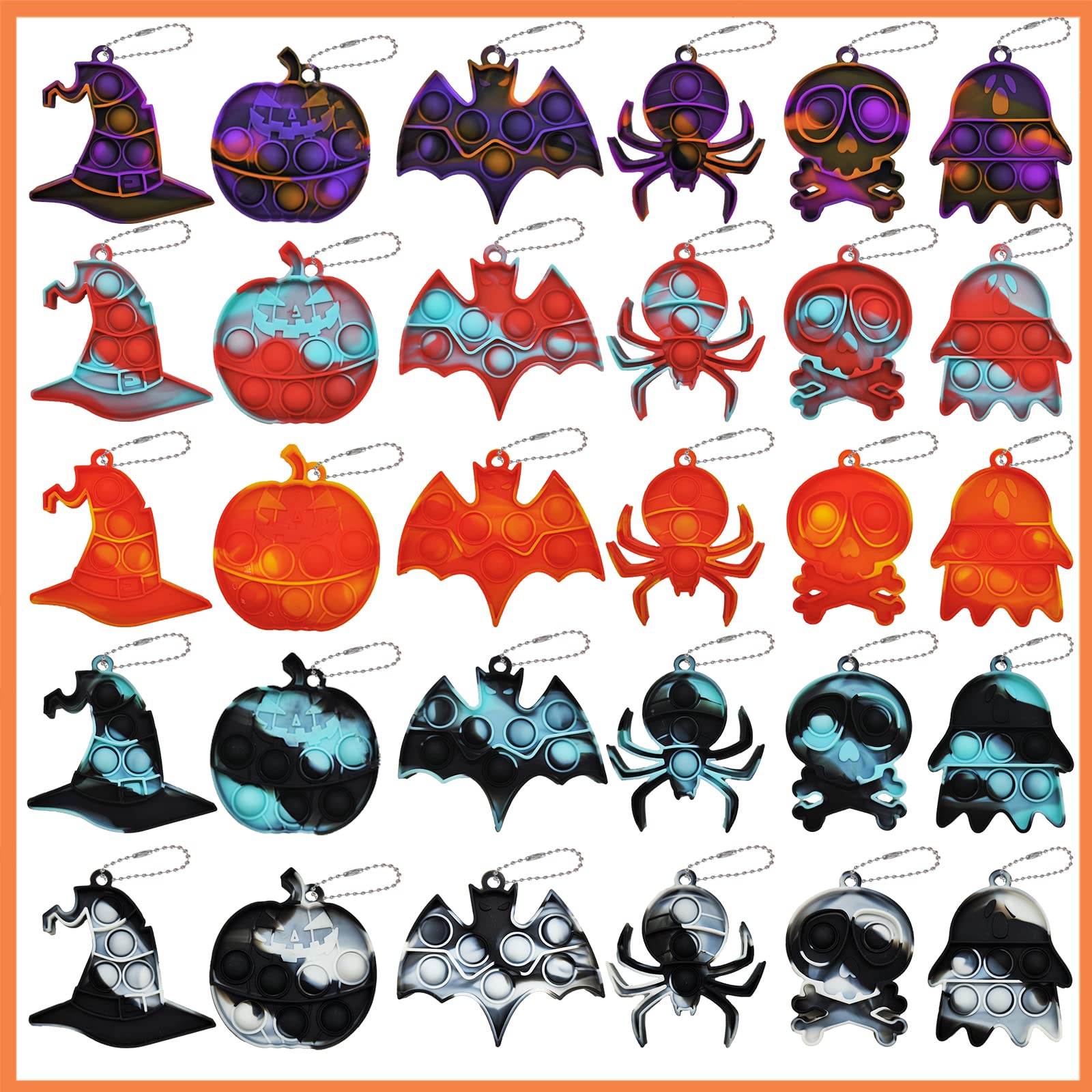 30 Pcs Halloween Pop It Keychain - Simple Silicone Stress Relief Fidget Toy for Kids & Adults - Bubble Push Sensory Anxiety Relief - Perfect for Halloween Party Favors, Classroom Rewards & Travel Stress Relief