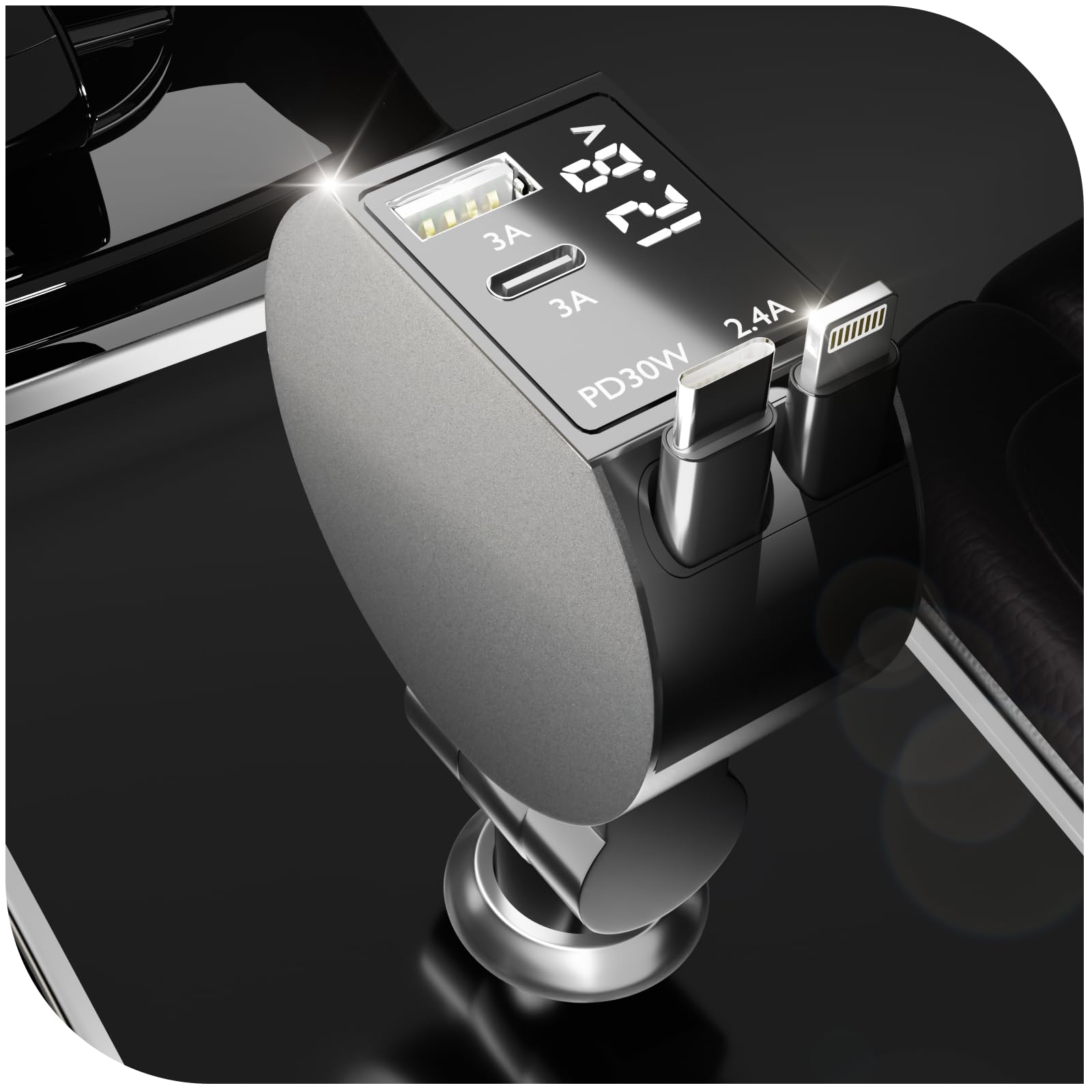 Leinsis 65W 4-in-1 Retractable Car Charger with USB-C & Lightning Ports - Fast Charging for iPhone 16/15/14/13/12/11, Galaxy, Pixel - Perfect for Road Trips & Daily Commutes