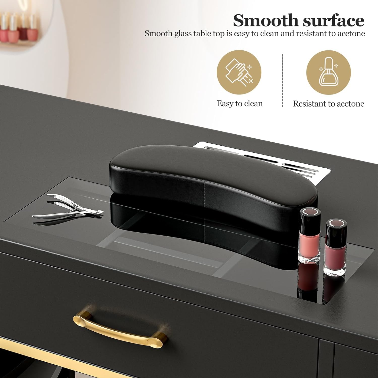 Professional Manicure Table Nail Station for Salon & Home Use - Glass Top Nail Tech Table with Electric Dust Collector, 7 Drawers & 3-Tier Shelves, Beauty Workstation with Wrist Cushion & Golden Handles (Black) - Perfect for Nail Artists, Home Salons & Professional Nail Technicians