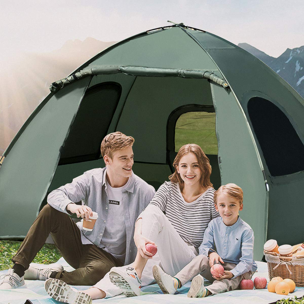 Double Tent Bed with Air Mattress & Pillow - Portable Folding Camping Cot with Metal Frame & Polyester Canopy - Military Green for Outdoor Family Camping, Picnics & Backpacking Adventures