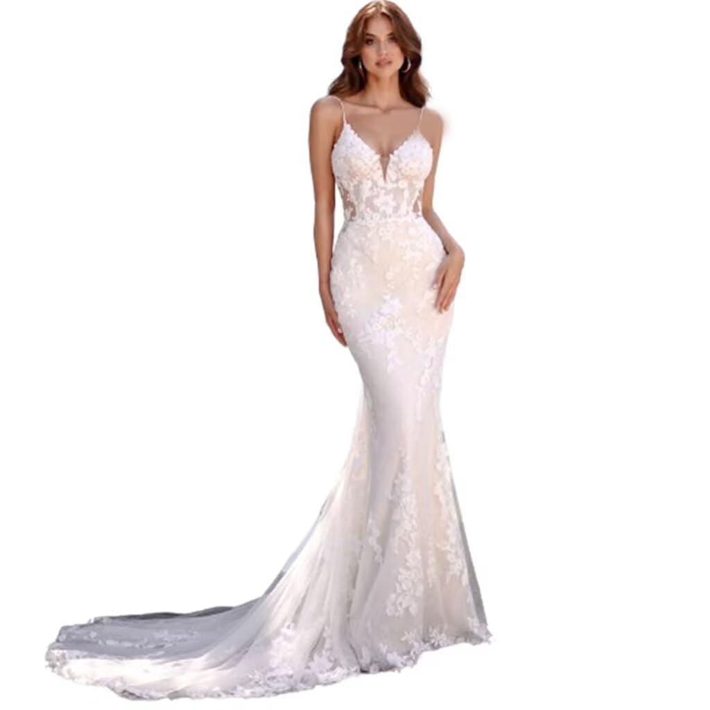 2024 Mermaid Wedding Dress for Bride - Long Applique Tulle V-Neck Bridal Gown | Elegant Beach, Church & Destination Wedding Ceremony