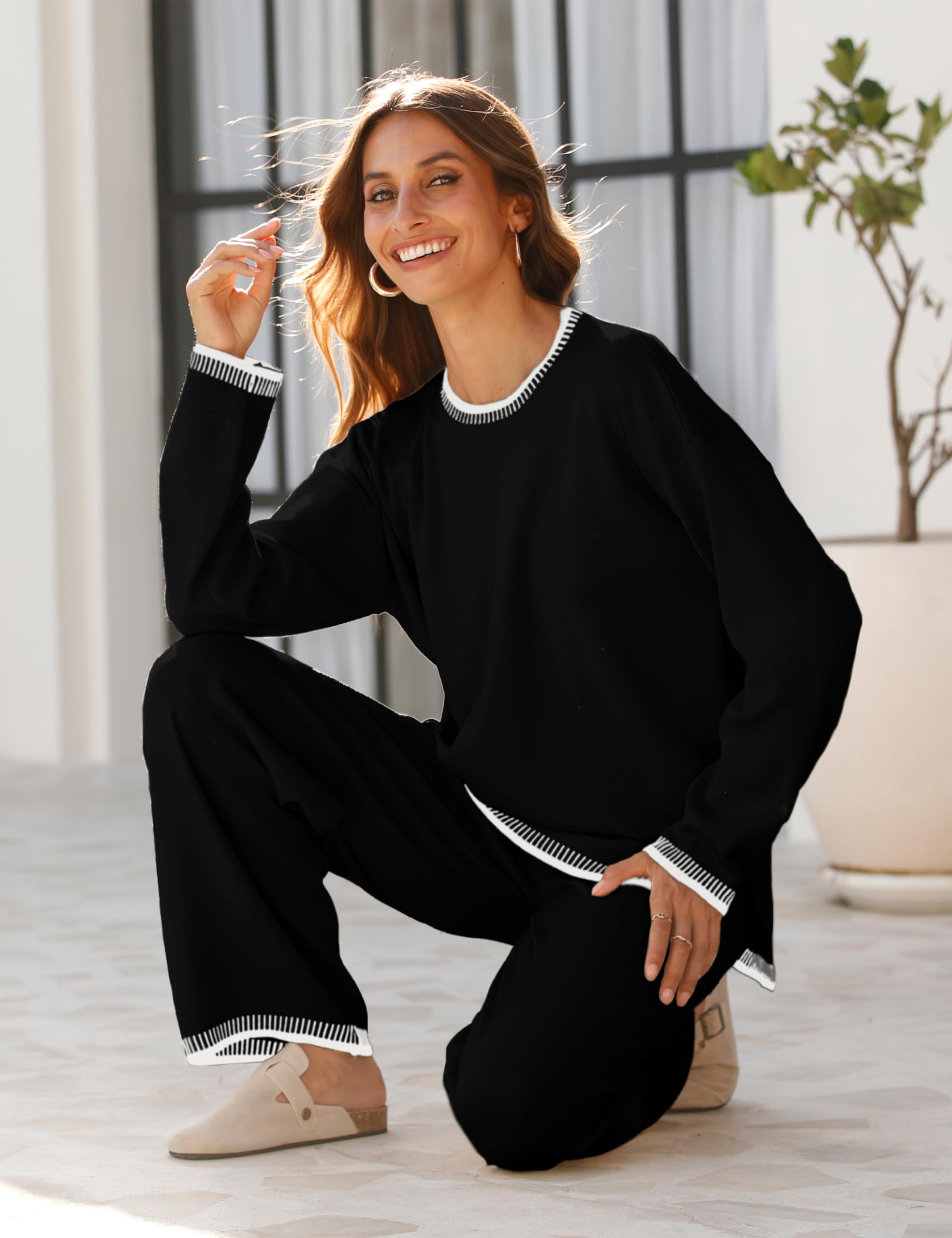 Lentta Women's 2 Piece Sweater Set - Long Sleeve Knit Pullover Top & Wide Leg Pants Lounge Outfit - Cozy Winter Tracksuit for Home, Office & Casual Wear