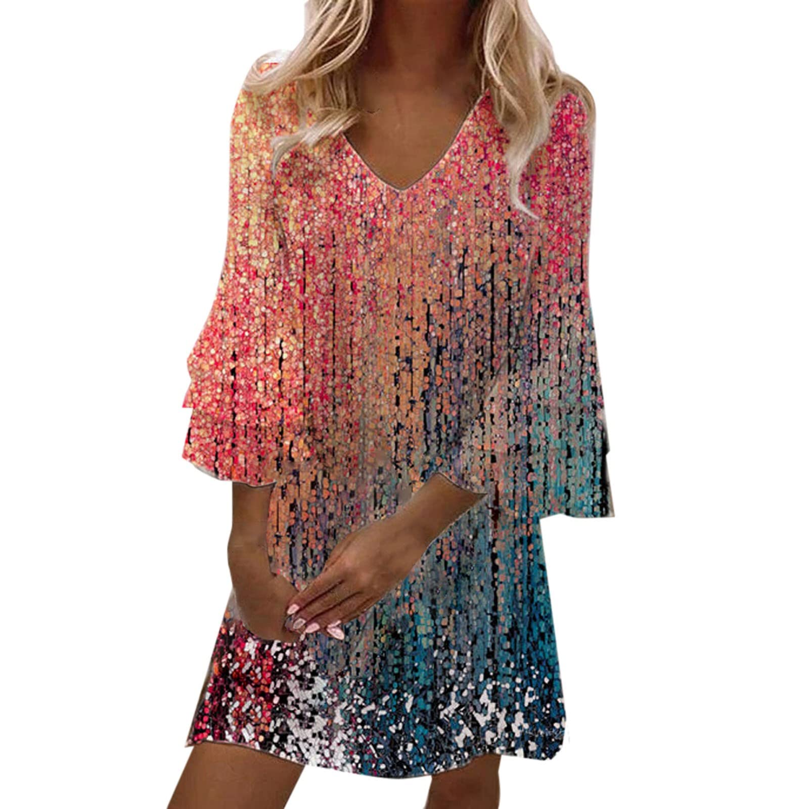 Women's Hemlock Bell Sleeve V-Neck Floral Print Shift Dress - Summer Swing Mini Dress for Beach, Vacation & Casual Outings