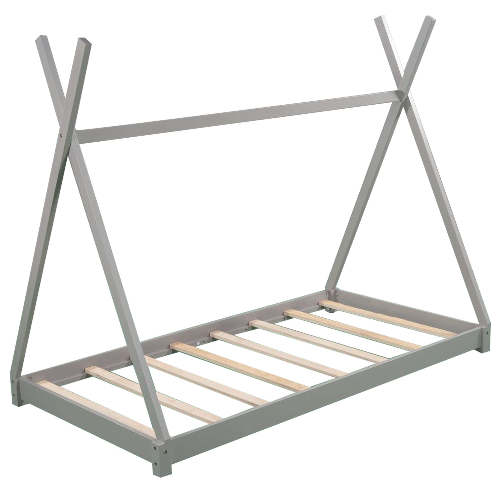 Rhomtree Solid Wood Twin Bed for Kids - Sturdy Triangle Structure, Low Platform Design, No Box Spring Required (Gray) - Perfect for Children's Bedrooms, Guest Rooms & Small Spaces