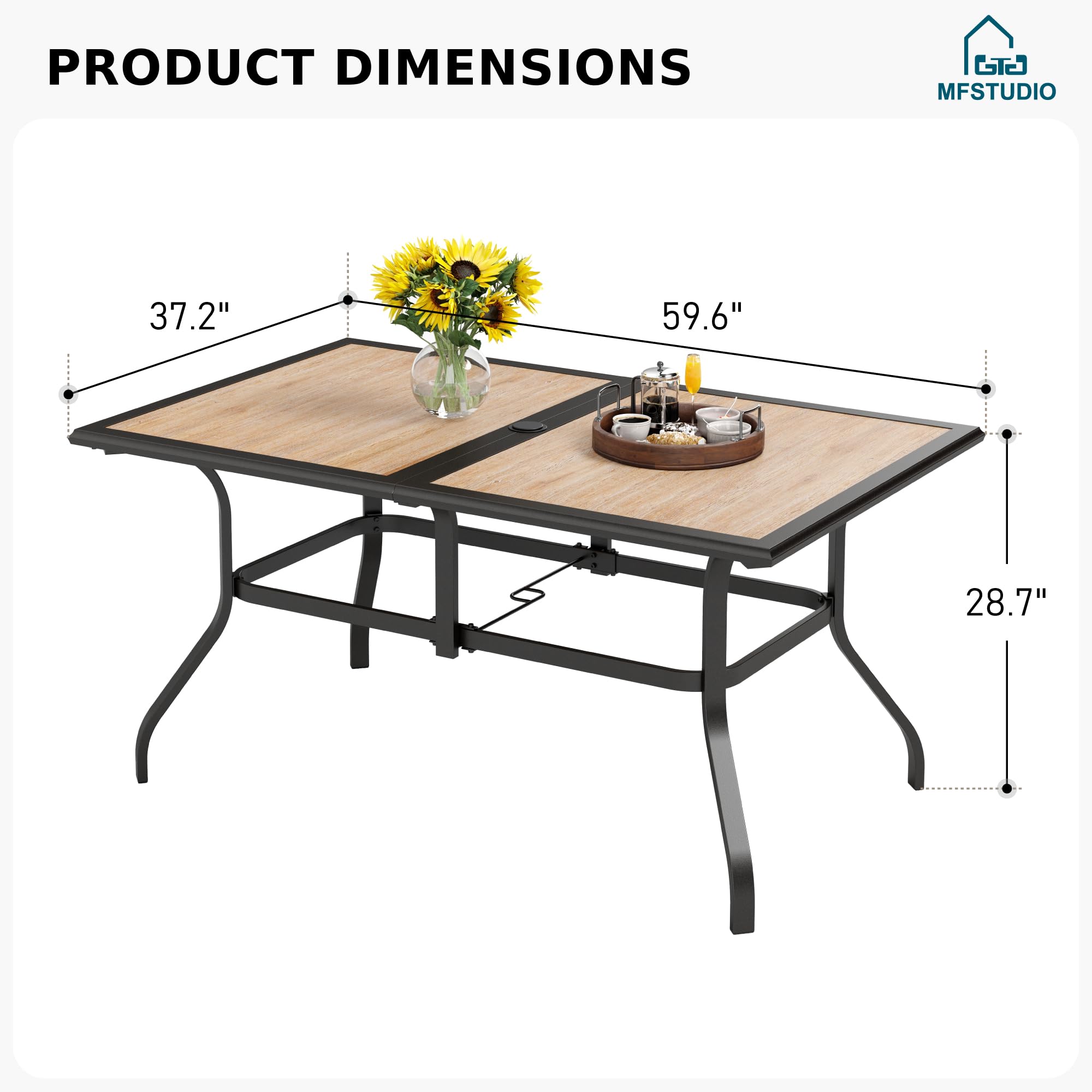 MFSTUDIO 6-Person Outdoor Patio Dining Table - Rectangular Metal Frame with Weather-Resistant Wood-Look Top - Perfect for Backyard, Deck, Garden & Poolside Dining with Umbrella Hole