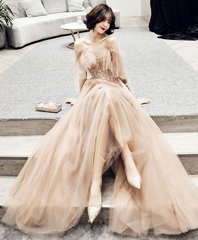 Elegant Champagne Tulle Lace Long Prom Dress | Formal Evening Gown for Homecoming, Wedding, and Special Occasions