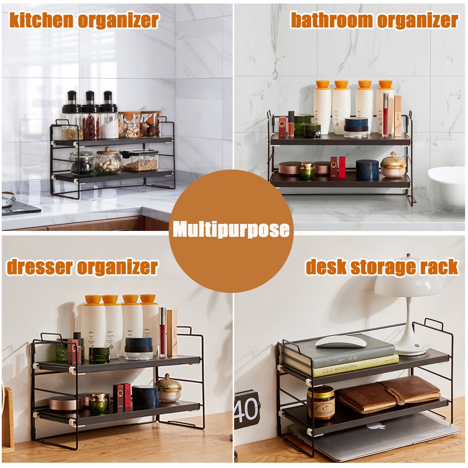 2 Tier Spice Rack Organizer - Adjustable Stackable Kitchen Countertop Shelf for Spices, Makeup, Bathroom & Office Storage - Perfect for Small Space Organization in Home & Workspaces (Brown)