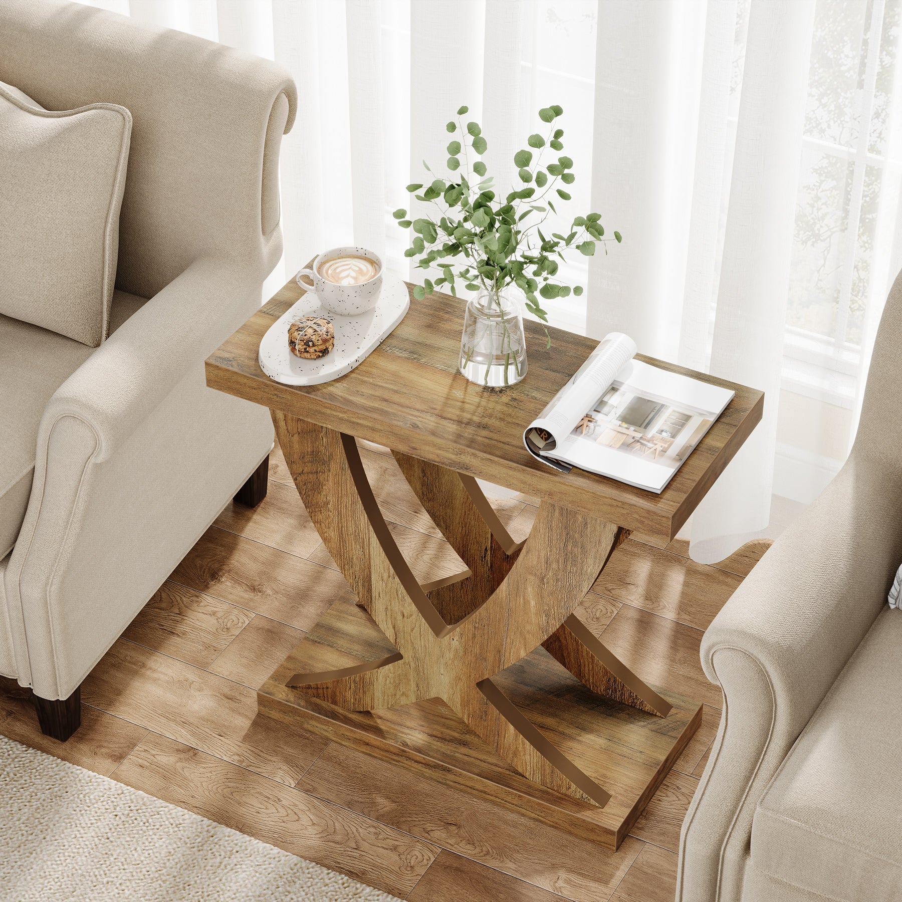 Rustic Wooden End Table with Cross Fishtail Support - Farmhouse Style Nightstand or Side Table for Bedroom, Living Room & Office Decor