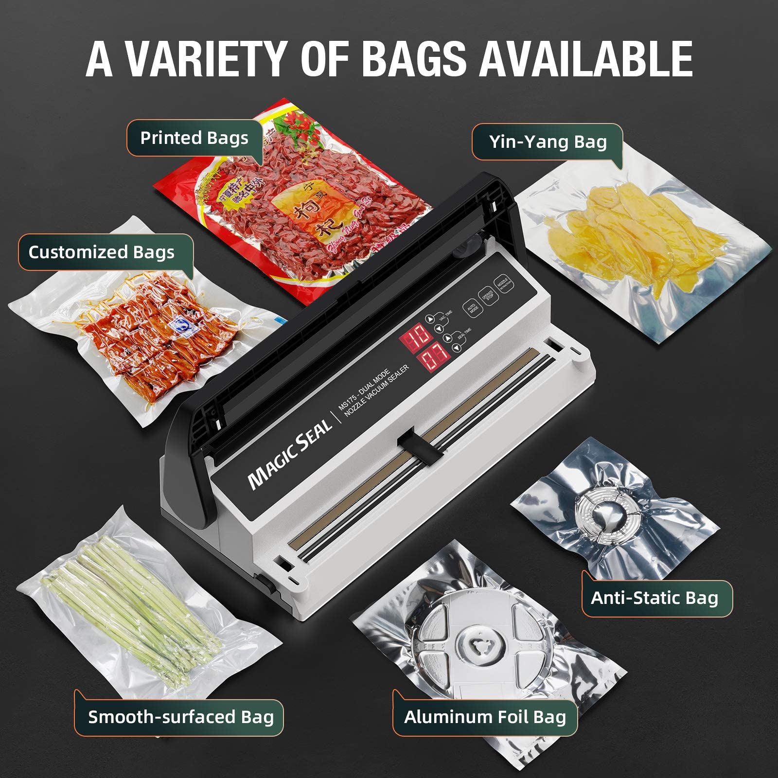 Magic Seal MS175 Vacuum Sealer with 100pcs 8”x12” Smooth Vacuum Bags - Compact Food Preservation System for Meal Prep, Sous Vide & Long-Term Storage