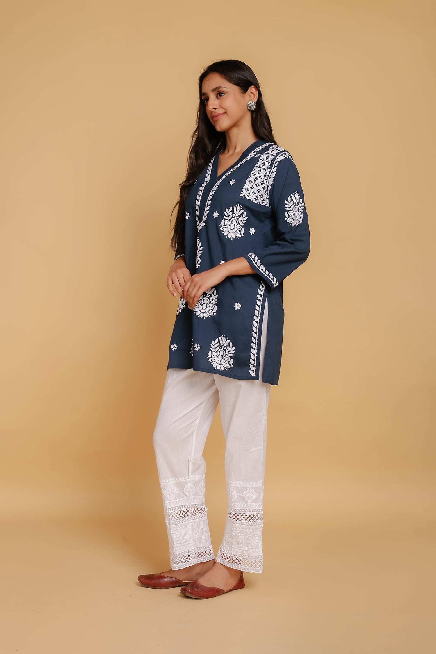 Elegant Saba Chikankari Short Kurta in Soft Slub Cotton - Navy Blue Ethnic Top for Women | Perfect for Festivals, Parties & Casual Wear