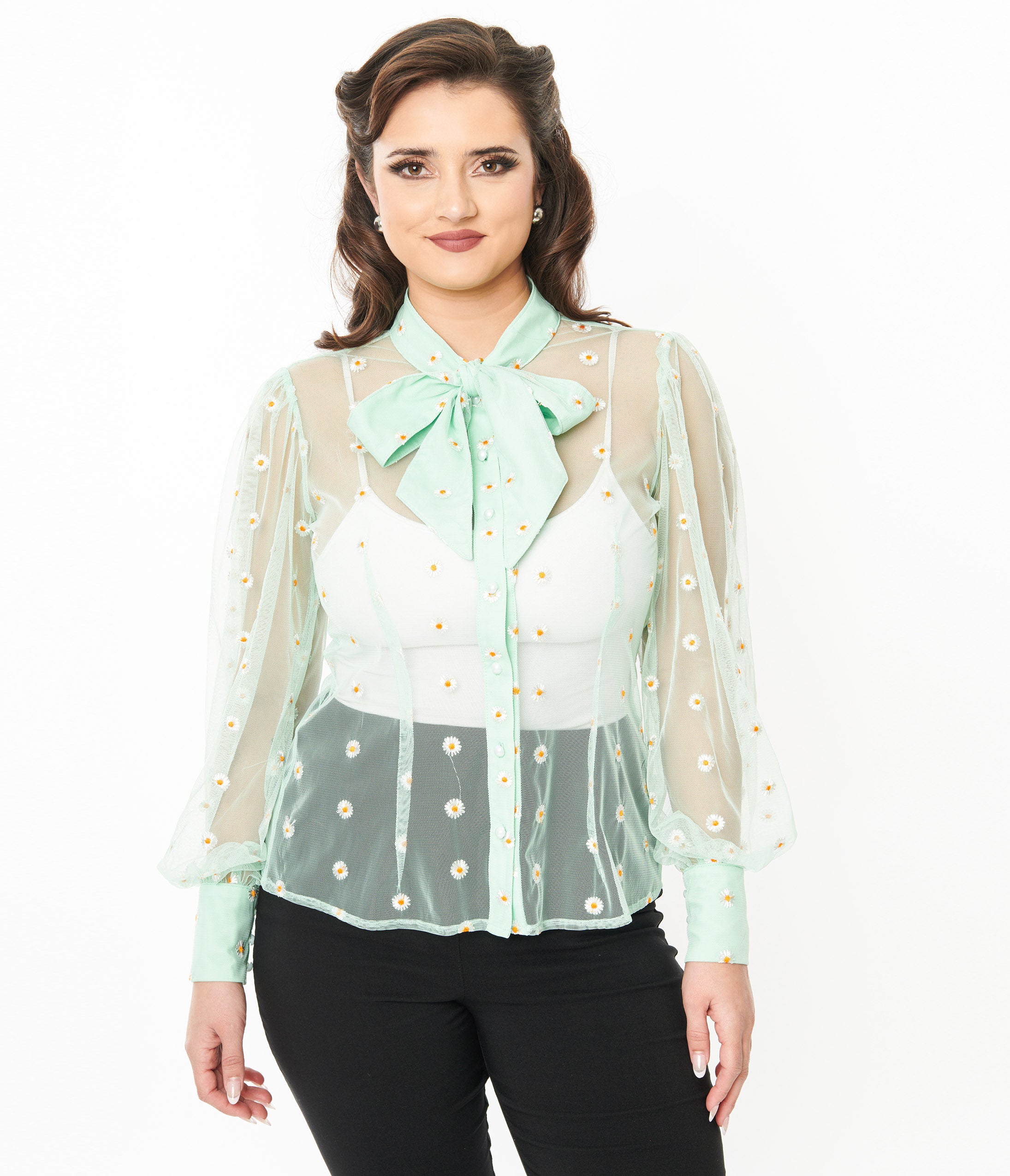 Vintage Green & White Daisy Print Sheer Gwen Blouse - Flowy Boho Top for Women, Retro 70s Style Summer Blouse for Casual Outings & Beach Vacations