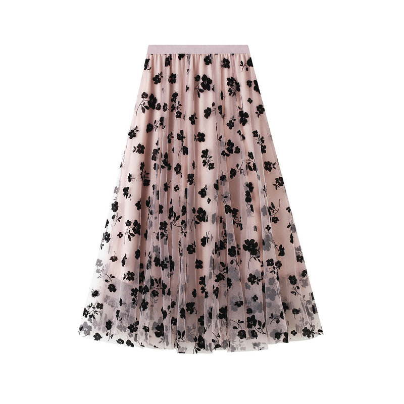 Fairy Pleated Mesh Skirt with Floral Print - Elegant Women's Midi Skirt for Spring Summer Outfits, Parties, and Boho Fashion