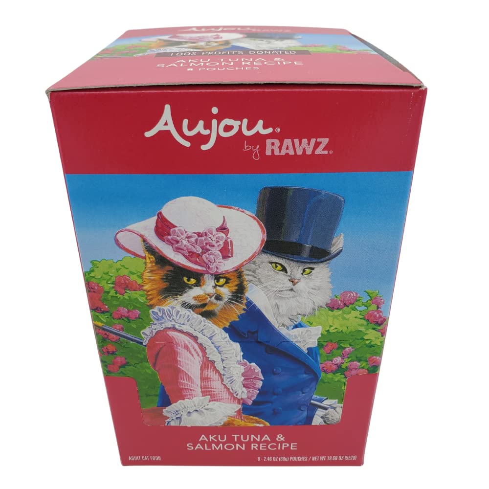 Premium Rawz Aujou Aku Tuna & Salmon Cat Food - Grain-Free, High-Protein Wet Cat Food (8 Pack of 2.46 oz Pouches) - Perfect for Adult Cats & Kittens with Sensitive Stomachs - Ideal for Mealtime, Travel & Outdoor Adventures