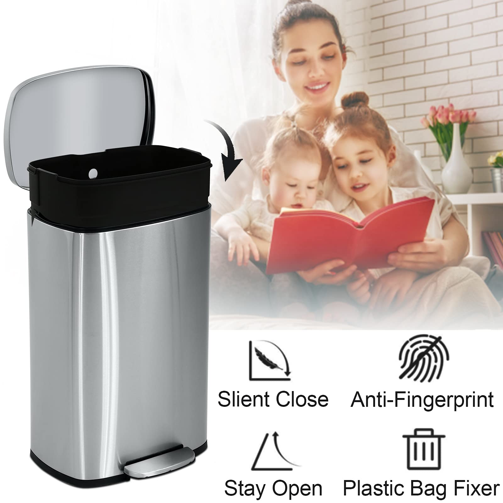 DKeli 13 Gallon Stainless Steel Step Trash Can with Soft Close Lid & Removable Inner Bucket - 50L Kitchen, Bathroom, Bedroom, Office Garbage Bin for Odor Control & Hands-Free Disposal