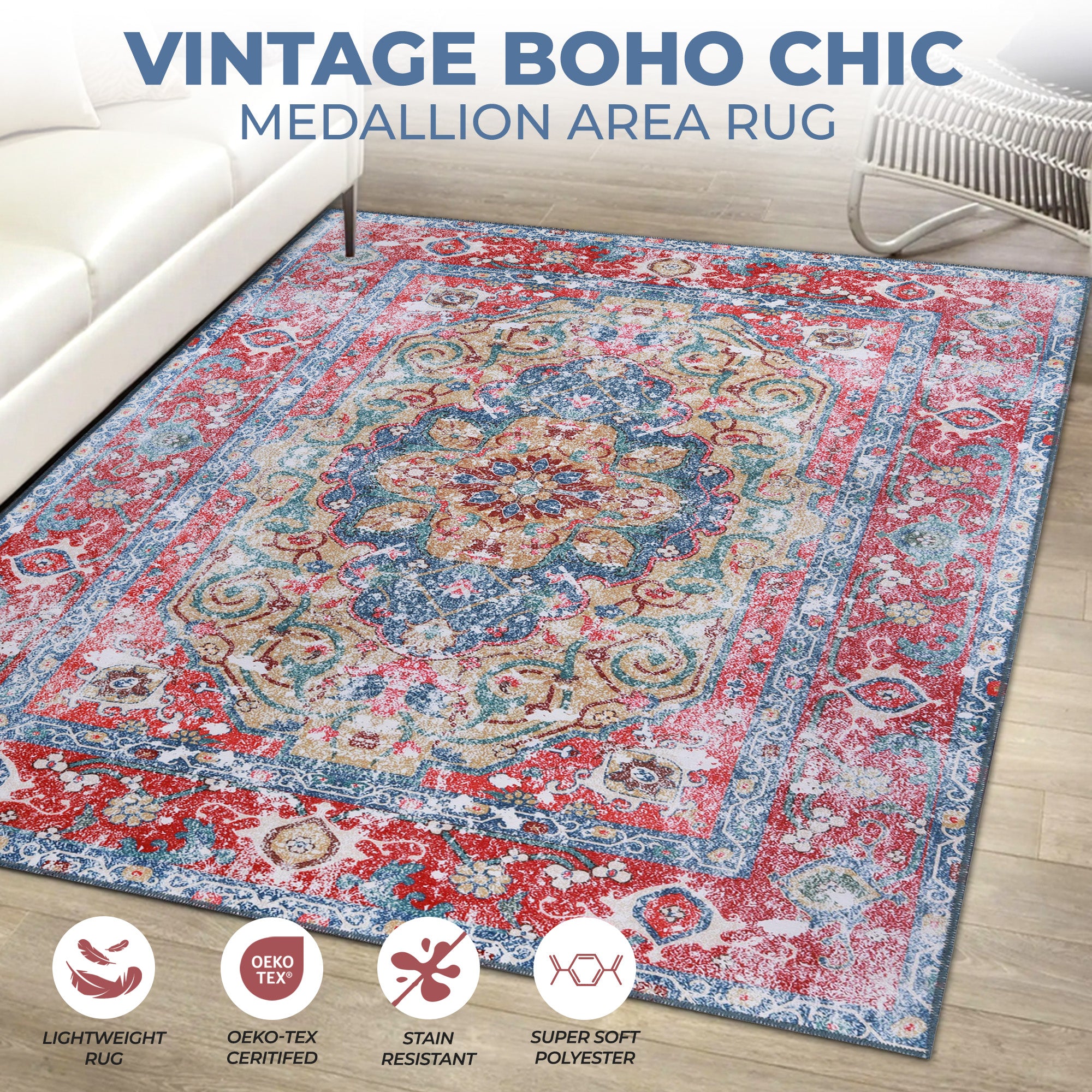 Tanager Rustic Non-Slip Machine Washable Indoor Area Rug - Soft Anti-Skid Living Room Carpet, Bedroom Runner Rug for Home Decor, Perfect for High Traffic Areas & Pet-Friendly Spaces