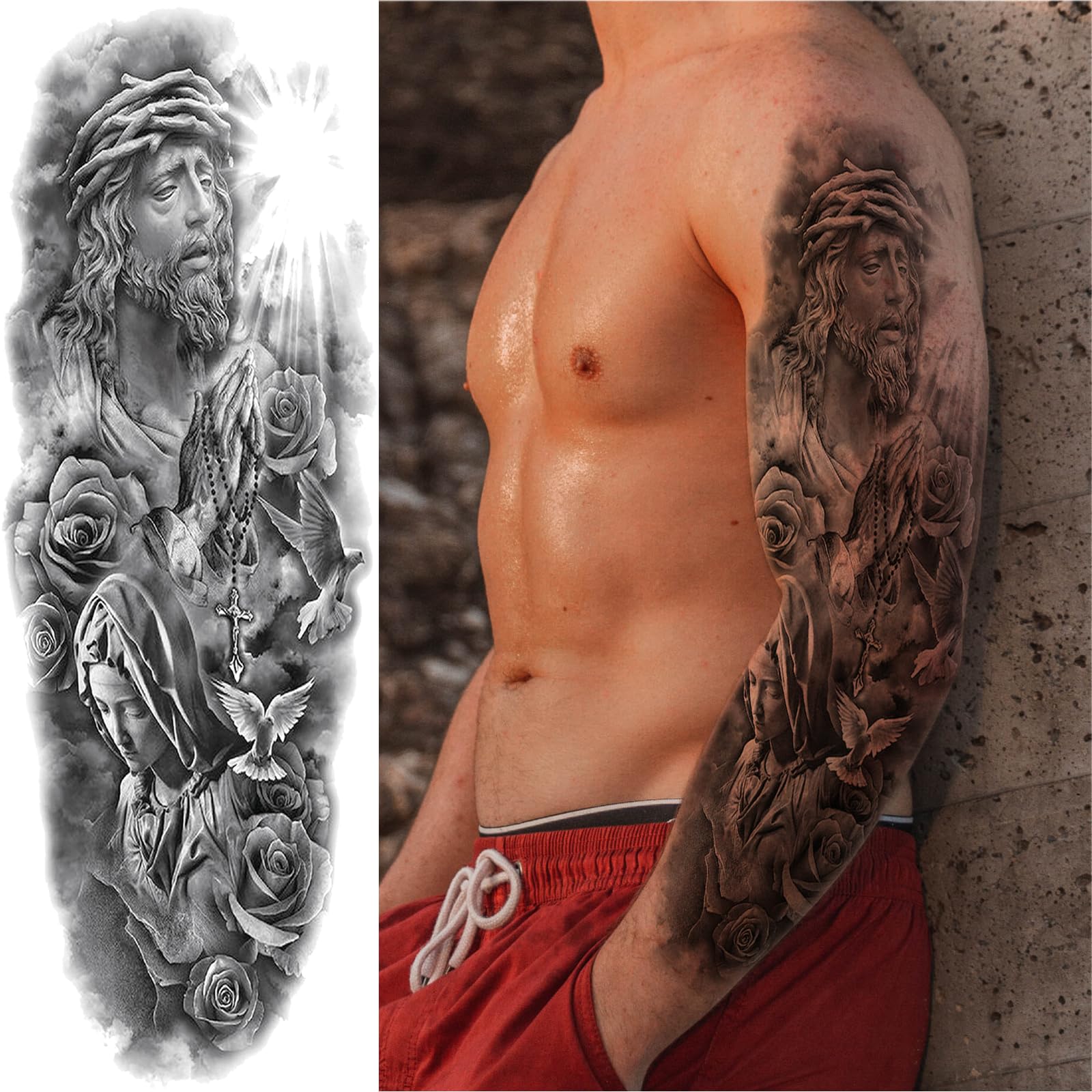 Religious Temporary Tattoo Sleeves for Men & Women - 4-Sheet Full Arm Christian Cross Tattoos with Jesus & God Designs + 4-Sheet Half Sleeve Praying Cross, Lion & Skull Fake Tattoos - Perfect for Church Events, Costume Parties & Body Art Enthusiasts