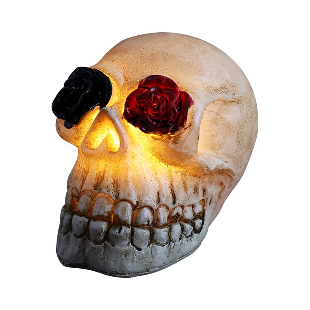 **Glowing LED Human Skull Statue with Rose - Halloween Decor, Small Resin Skull Sculpture, Desktop Skull Collectible for Home, Party & Gothic Decor**    *(Perfect for Halloween, Gothic Themed Parties, Home Decor, Office Desk Display & Unique Gift Ideas)*