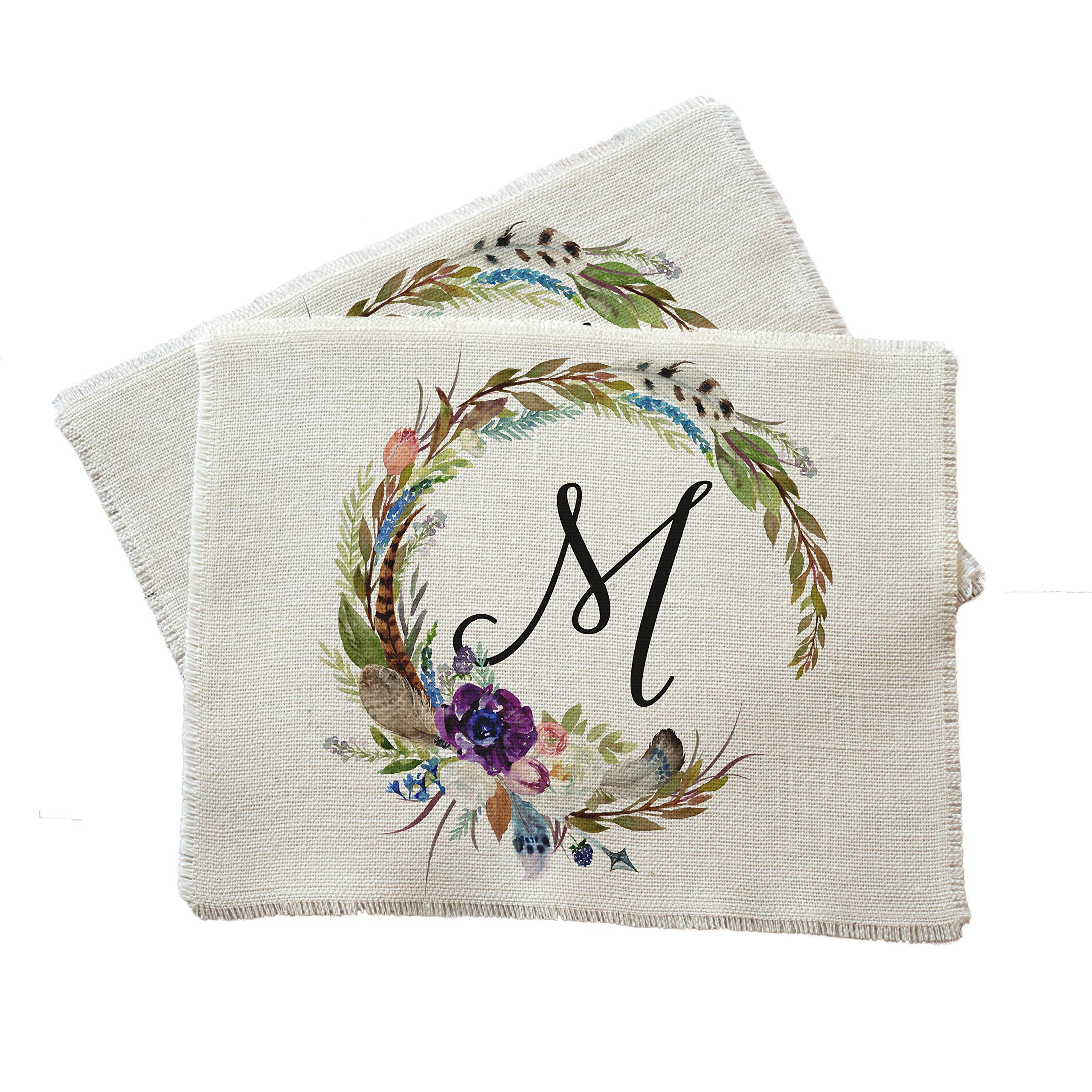 Boho Monogram Wreath Placemats Set of 2 - Handmade Cotton Table Mats for Farmhouse Dining, Kitchen Decor & Holiday Entertaining